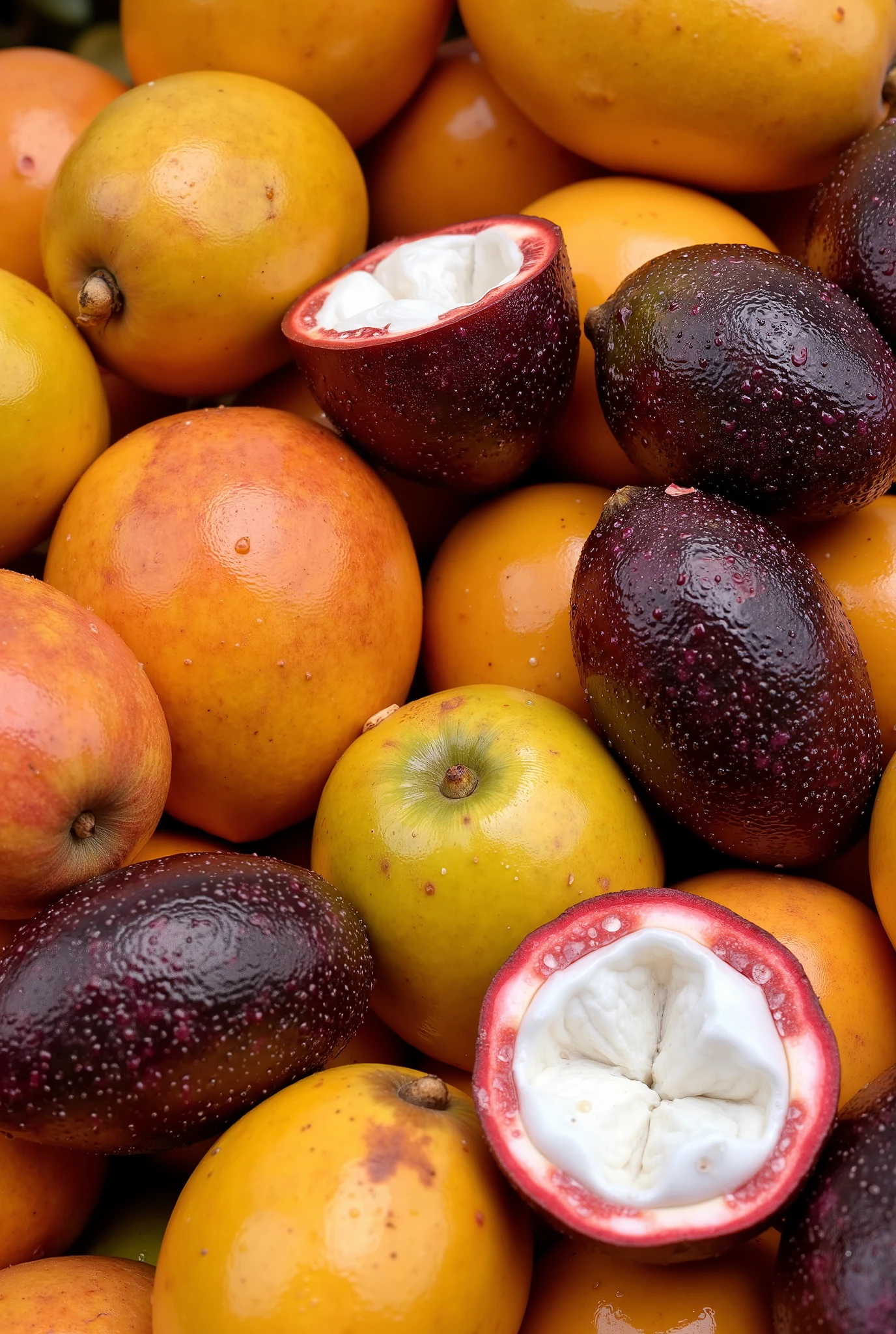 A **hyper-realistic extreme close-up** of a **vibrant pile of fresh tropical fruits at Marché Kermel in Dakar, Senegal**. The image focuses on **juicy mangoes with golden-orange hues, deep purple passion fruits with rough exteriors, and sliced-open baobab fruit revealing its white, chalky pulp**. Tiny **drops of moisture glisten on the fruit skins**, while the sunlight filters through the market canopy, casting **soft shadows and highlighting the rich textures of the produce**. The scent of **spices and roasted peanuts lingers in the air**, adding to the immersive sensory detail.