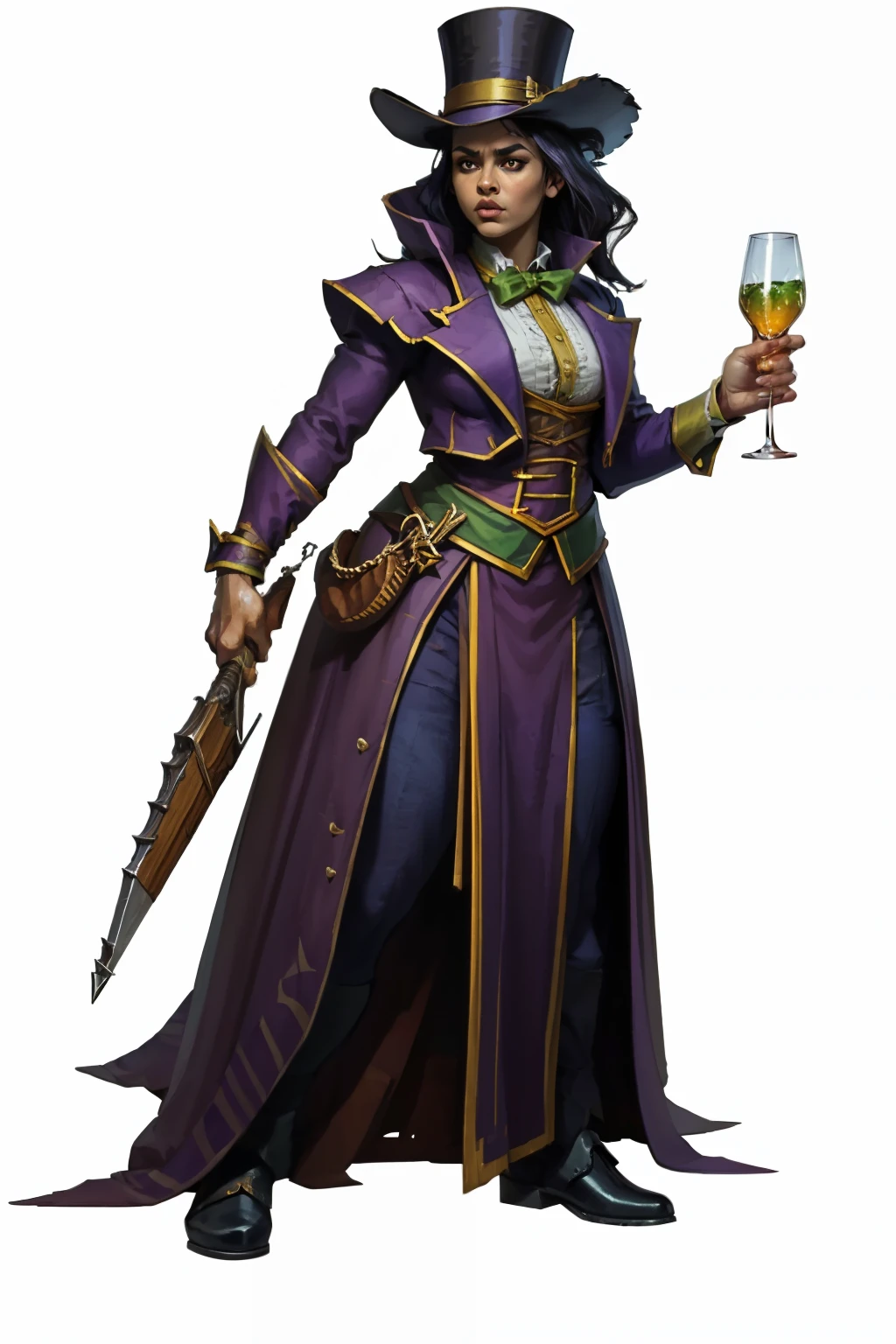 (full body image, forbidden to cut or not appear from head to toe, PNG format , background, white background, Nobresa theme, rpg) &&&&& (high quality, masterpiece) &&&&& shooter ": A female land barão, with a tidy suit and overweight, Your hair is loose and wearing a top hat, The colors of your clothes are petro with purple and your posture is noble, holding a glass with shiny green liquid, face of disgust