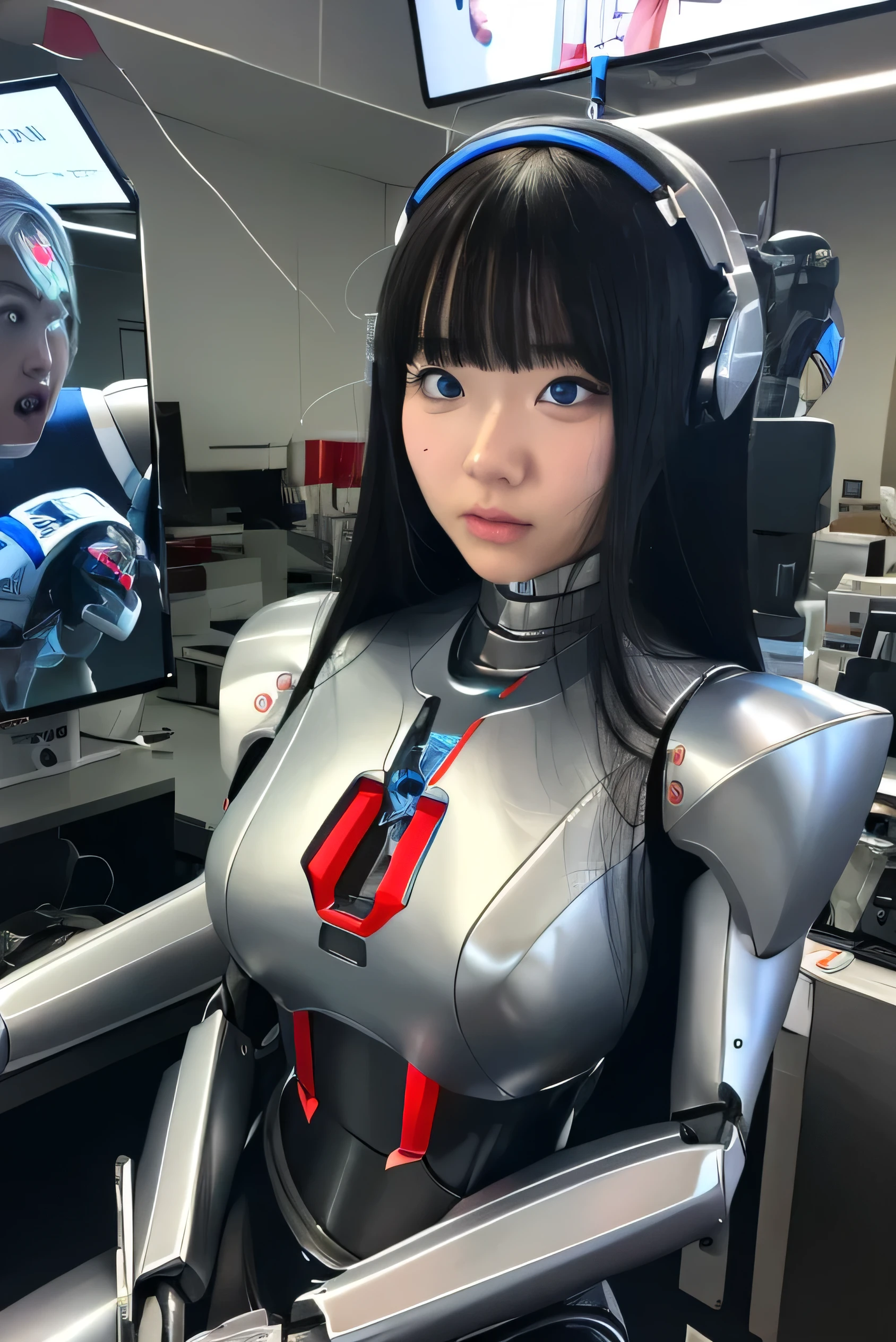 masterpiece, best quality, extremely detailed, Japaese android girl,portrait,Plump,a bit chubby,control panels,android,Droid,Mechanical Hand, Robot arms and legs, Black hair,Blunt bangs,perfect robot girl,long tube,thick cable connected her neck,android,robot,humanoid,cyborg,japanese cyborg girl ,robot-assembly plant,She is assembling now,assembly scene,blue eyes,chest monitor