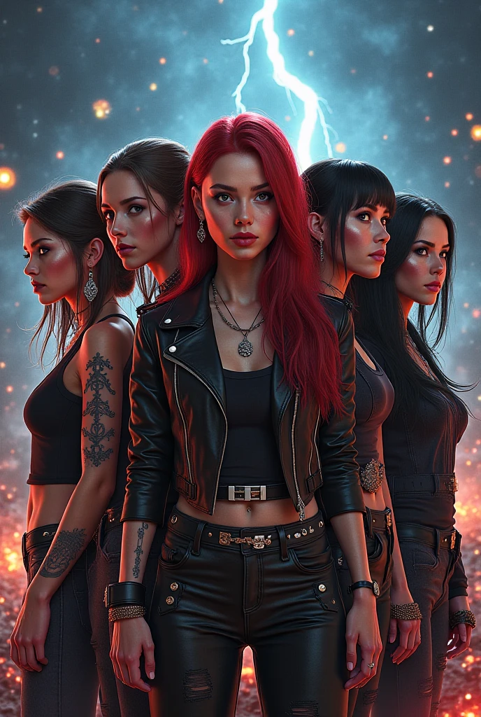Group of heroines, the leader has short blue-black hair with powers to control the stars, sexy heroine outfit, Your red-haired partner has the power to control telekinetic magic with telepathy, gothic clothes, another sorceress with straight green hair, curled with a black sorceress outfit, with powers to cast any spells she wants, another with powers to open portals, black power purple hair, the tallest of the group, 80s disco clothes