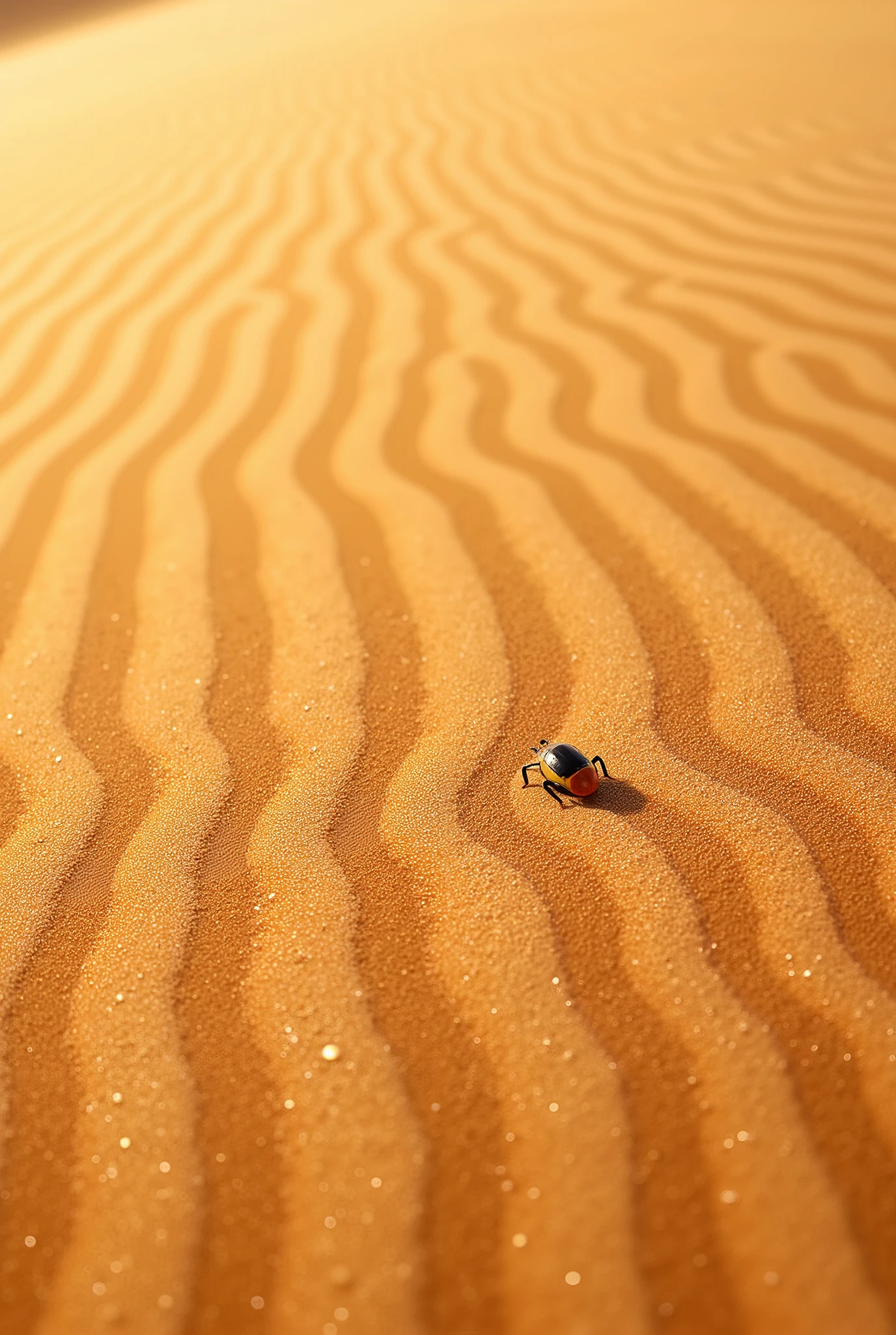 A **hyper-realistic extreme close-up** of **wind-sculpted sand dunes in the Lompoul Desert, Senegal**, capturing the **delicate, rippled patterns formed by the shifting grains**. The fine details of the **sand’s texture are visible, with minuscule grains catching the sunlight**, transitioning from **warm golden tones to deep amber shadows**. A **single footprint is partially erased by the wind**, its soft edges blending back into the dune’s natural form. A **tiny beetle leaves a delicate trail**, its movement barely disrupting the perfect, sculpted landscape.