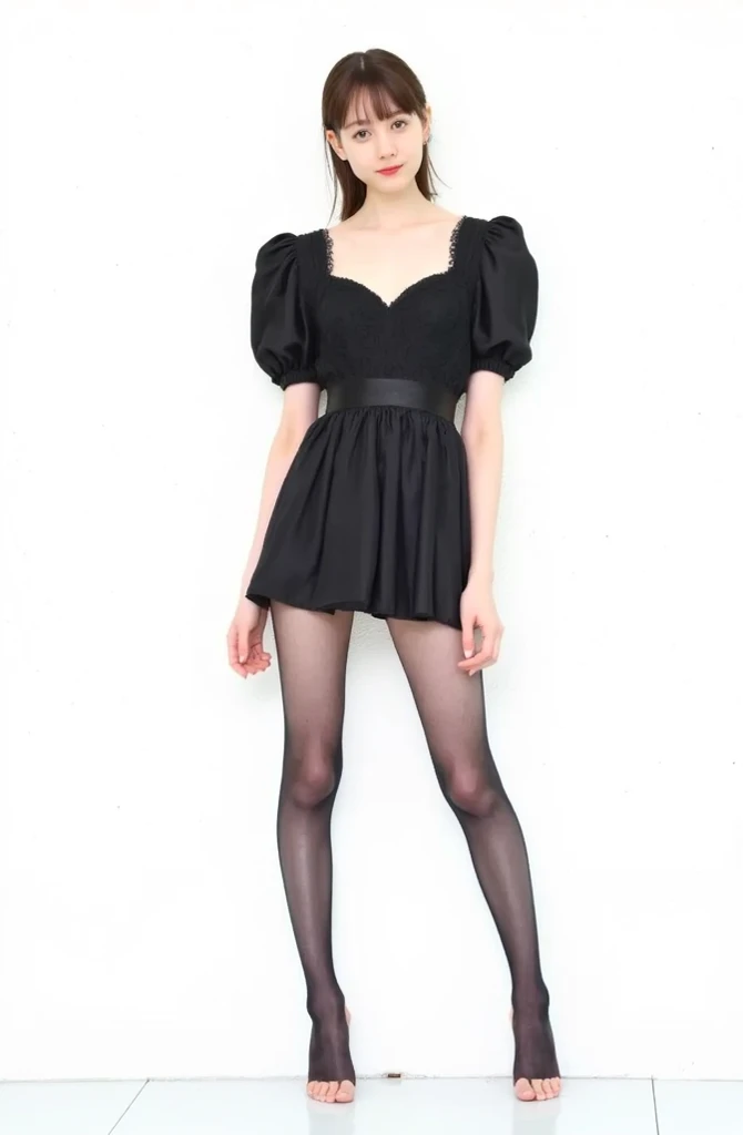 8K quality: 1.8, black gothic lolita, moss moss, high quality, highest quality, full body photo, bare feet, extremely thin ankles, sheer lace dress up, (short wedding mini veil), vacant lot background, white wall, clear black, , (((short legs))), black , fully , ultra HD, reflection image, front body, front camera pose, (((short legged slender beautiful girl)))), sheer black pantyhose, sheer black gothic lolita fashion, magical girl, wizard, devil, sheer black lace outfit, standing, empty floor, lace big waist ribbon, white floor, medium shot, full body shot from a certain distance, a certain distance from the subject, Mio, 立っている、
