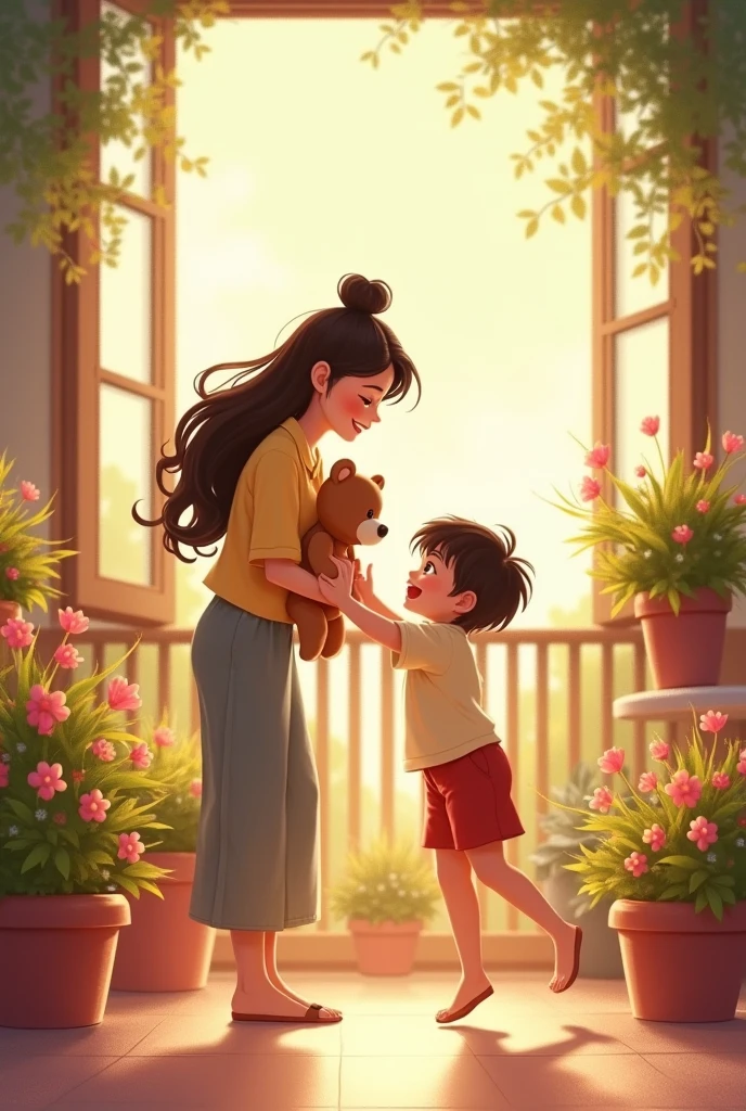 a giving a poor boy a cup of milk at the door of her home, pixar style, cinematic, masterpiece, high-aesthetic, realistic