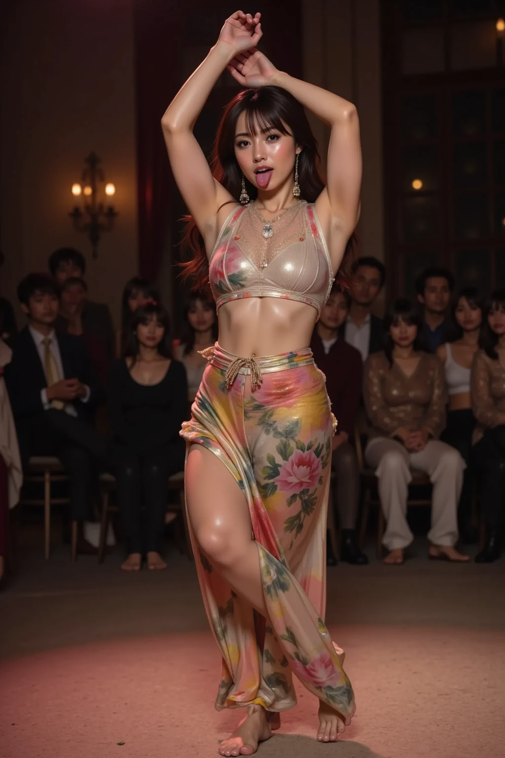A girl in an erotic lace pink dress with visible nipples dances，Crowd in underwear，Surrounded by paparazzi，Dance vigorously、Shorthair twin tails，Dresses that show through the skin