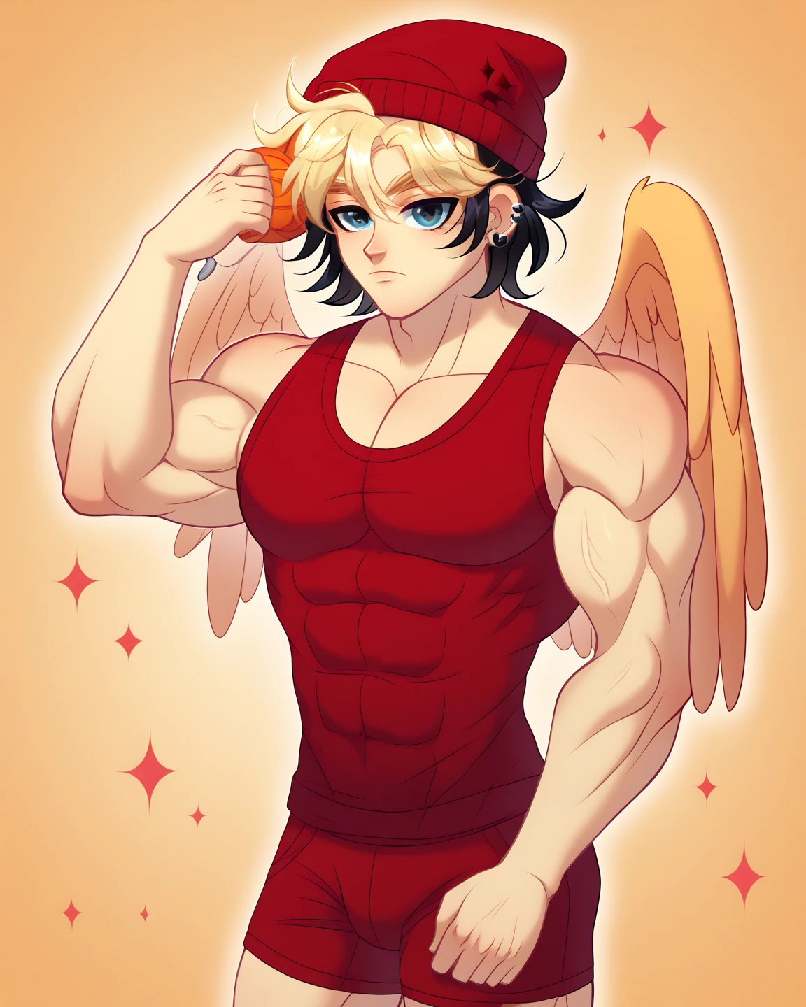(masterpiece, best quality),Soar among the stars，Fly in the air，afloat，Light golden feathered wings，Pink briefs，Male children,,???'s face，Flat chin，infancy,(???'s face),Pink belly hair,Pink chest hair,Pink pubic hair,Flat chin,Fine face in detail,White men's briefs,musculous,pink short hair,Bright Hair,White eyes,Keep your eyes wide open,,White briefs,White briefs,Pectoralis abdominal muscles,Strong and well-developed muscles,bright,Bright and vivid colors,(depth of fields:1.2),Positive audience,looking at viewert,the night