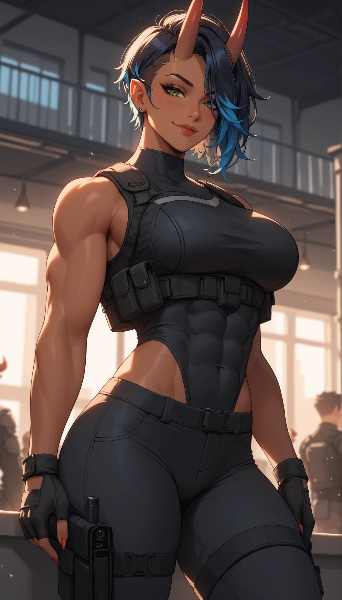score_9, score_8_up, score_7_up (zPDXL3) Stable_Yogis_PDXL_Positives, BREAK inside, government building, volumetric lighting,
(demon) 1girl, Tall, Oni_horns, tanned skin, muscular_body, biceps, short_messy_hair, undercut hair, pointed_ears, black hair (Blue_highlights), green_eyes, smug (smirk, smug expression), standing, combat pants, body armor, looking at viewer, large breasts, Mature looks, MILF, 8k, (masterpiece),
Expressiveh
