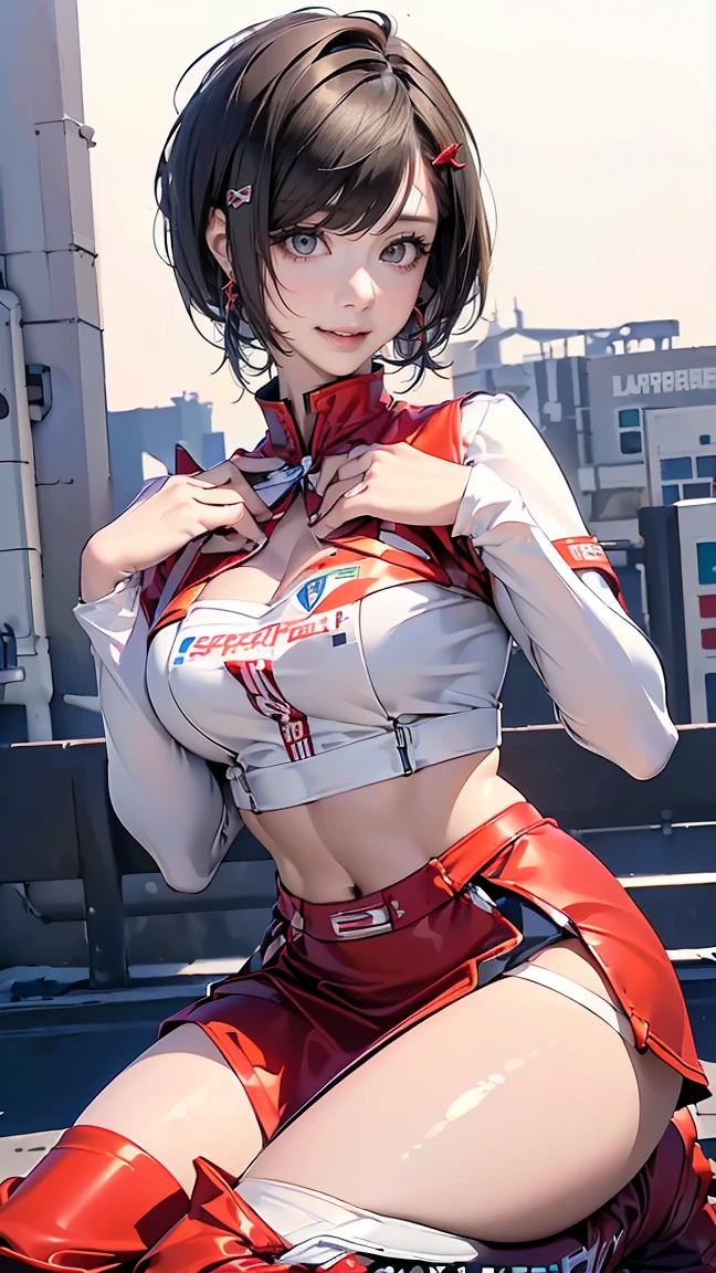 1girl in, 独奏, red polo shirt, White sneakers that emphasize buttocks, Volleyball suit, white panties, masterpiece, top-quality, realisitic, ultra-detailliert, (shinny skin, Sweating: 1.4), Ridiculous, looking at viewert, short dark hair, black eyes, slender, dynamic light and shadow, hight resolution, foco nítido, depth of fields, Narrow-eyed, Sharp pupils, Realistic pupils, (breasts are small: 1.6), (Thigh thickness: 1.0), Match venue