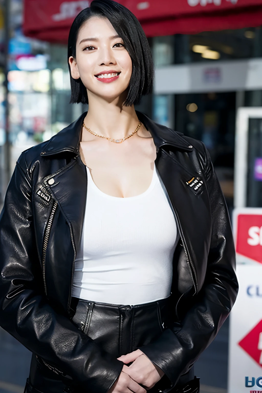 black hair、short hair、Evil Smile、Huge saggy breasts、Beautiful abs、black leather jacket with white tank top、stands leaning forward in a city where、black knee-high boots、lots of people々A white tank top inside a