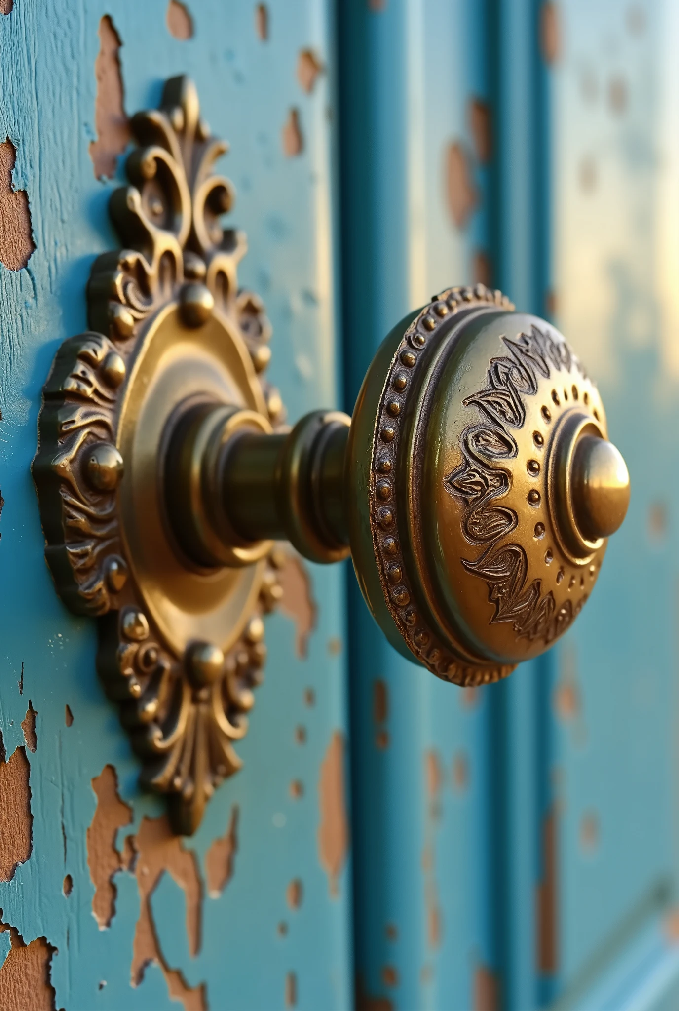 A **hyper-realistic extreme close-up** of an **aged, ornate brass door handle** on a **historic colonial building on Gorée Island, Senegal**. The surface of the **metal knob is weathered and slightly corroded**, showing **traces of oxidation and a deep patina from decades of use**. The **wooden door it is attached to is painted a faded shade of blue**, with **chipped layers revealing older coats of color beneath**. The **fine engravings on the handle’s base catch the warm sunlight**, emphasizing its intricate craftsmanship and historical significance.