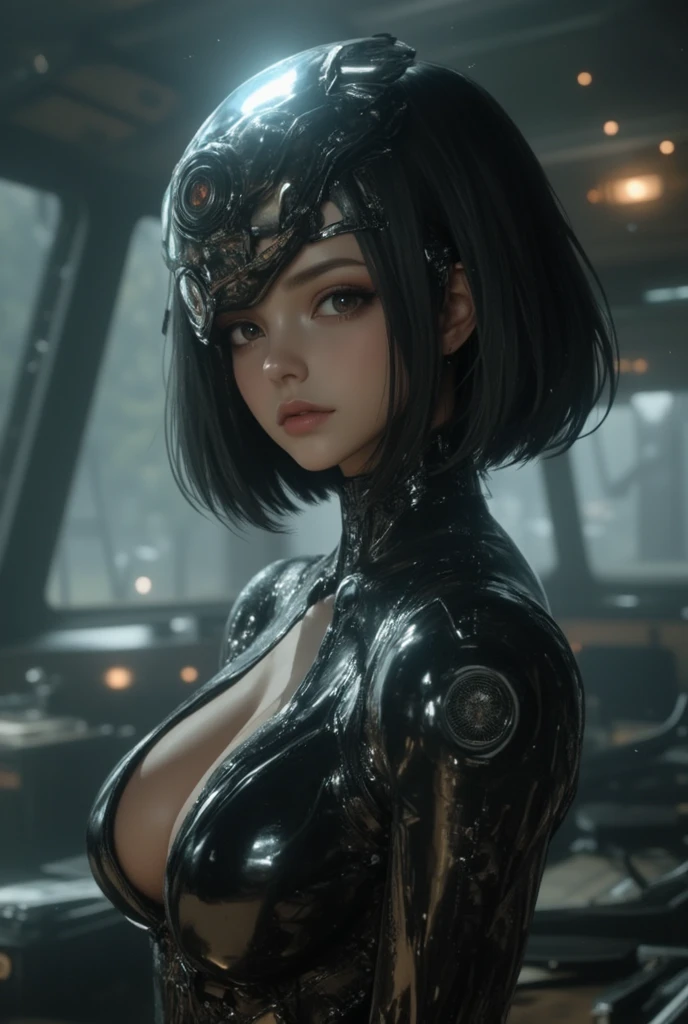 of the highest quality, mastepiece, Ultra-high resolution, ((PhotoRealistic: 1.4), RAW photo, 1 CybeRpunk GiRl, Glossy glossy skin, black bobcut haiR, Red eyes, 1 mechanical giRl, (SupeR Realistic details)), Mechanical limbs, Tubes attached to mechanical paRts, Mechanical veRtebRae attached to the spine, mechanical ceRvical attachment to the neck, wiRes and cables connecting to head, evangelion, Ghost in the Shell, Luminous small light, globalillumination, Deep shadows, Octane RendeRing, 8K, ultRashaRp, metals, IntRicate ORnament Details, BaRoque details, highly intRicate detail, Realistic light, TRends in CG, Facing the cameRa, neon light detail, (AndRoid factoRy in backgRound), aRt by H.R. GigeR and Alphonse Mucha.