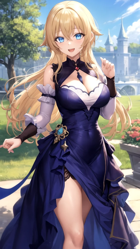 (Highest quality,Super detailed,High resolution,masterpiece,8K),Bright and vibrant colors,Official artwork,Stylish makeup,Long blonde hair fluttering in the wind,Captivating eyes,Glossy Lips,Off the shoulder、Cute girl with ample breasts,Beautiful neck line, Holding,Captivating smile,A solemn atmosphere,Full Body Shot,