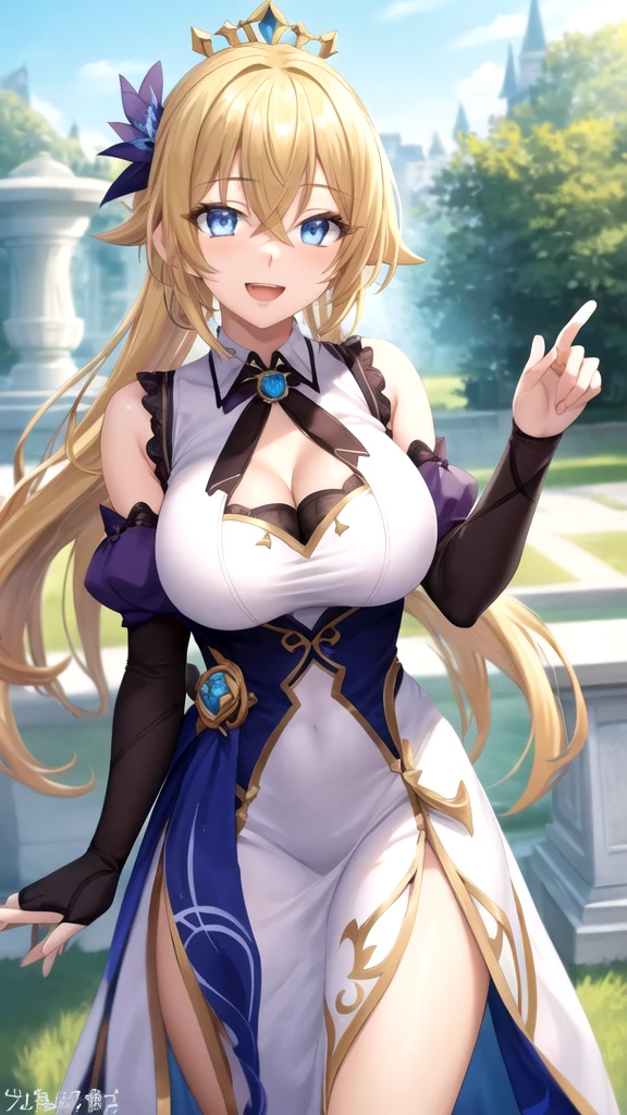 One Woman, 30 years old, solo, Long Hair, Blonde, Hair blowing in the wind, ((Large Breasts)), Cleavage, Crescent-shaped earrings, Purple eyes, A seductive smile, Character portrait, View from the outside, Crown, White armor, Ornate Decorative Armor, Staring at the audience, Ultra-detailed, fantasy castle, Anime Style, Detailed fantasy