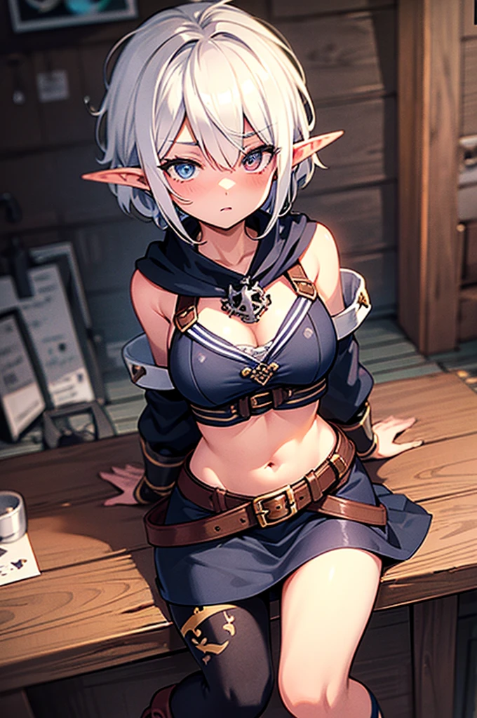 flat chests, nsfw, masterpiece, 1 girl, erect , intricately detailed, topless, navel, bare shoulders, necklace, white hair, wolf headgear, animal fur skirt, leather belt, furr skirt, mountainous horizon, mountains, forest, night sky, full moon, facial paint, open mouth, bonfire, extremely detailed, photorealistic, octane render, 8 k, unreal engine, bare breasts, , red eyes, clawed wolf gloves, bare stomach, sweaty, people on background, moist breath, , arm strap, pixie cut hair, druid, celtic, long nails, smiling