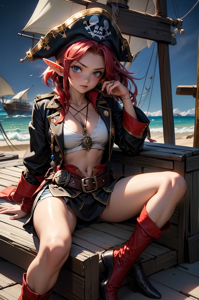 gwen tennyson,elsa,tracer,atelier ryza,teenager,pirate outfit,beach,green eyes,long scarf,thigh high boots,garter belt,shy smile,striped panties,short hair,orange hair,pirate ship,white striped top,tight skirt,freckles,redhead,pirate corset,pirate jacket,beautiful girl,large breasts,ultra detailed,realistic,pearl earrings,spread legs,wet vagina,