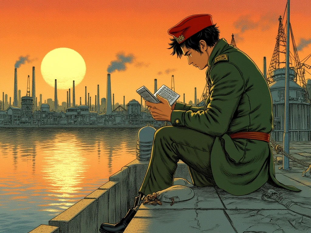 Joe Yabuki sitting alone by the riverside at sunset, his signature red cap and green military coat slightly weathered. He's hunched forward on a concrete embankment, intently reading a small pocket book. His spiky dark hair catches the orange evening light as the industrial Tokyo skyline looms in the distance. Smokestacks and factories create a gritty backdrop. His tan face shows unusual tranquility, a stark contrast to his usual fighting stance. The book is small in his boxer's hands, pages fluttering slightly in the evening breeze. His reflection visible in the river water below, creating a moment of duality. Detailed manga illustration style with careful attention to the urban decay and natural light of 1970s working-class Tokyo.