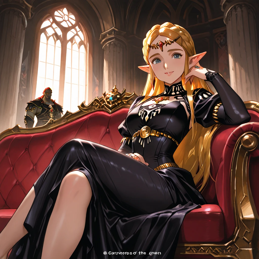 Glamorous blonde queen sitting on the throne, She is wearing a beautiful green dress with gold details, golden ornaments. She wears an eye patch on her right eye.