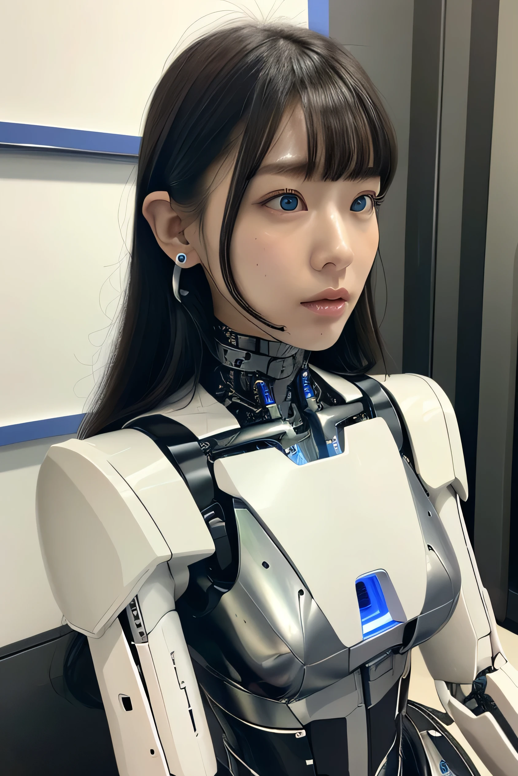 masterpiece, best quality, extremely detailed, Japaese Cyborg girl,Plump , control panels,android,Droid,Mechanical Hand, Robot arms and legs, Black Robot Parts,Black hair,Mechanical body,Blunt bangs,White robotics parts,perfect robot girl,long tube,thick cable connected her neck,ceramic body ,mechanical body, mechanical ear cover, mechanical costume,android,robot,humanoid,cyborg,japanese android woman ,mechanical chest,blue eyes,future laboratory,connecting a cable between the legs,
