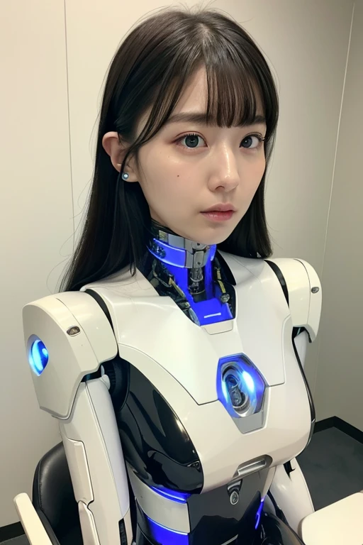 masterpiece, best quality, extremely detailed, Japaese Cyborg girl,Plump , control panels,android,Droid,Mechanical Hand, Robot arms and legs, Black Robot Parts,Black hair,Mechanical body,Blunt bangs,White robotics parts,perfect robot girl,long tube,thick cable connected her neck,ceramic body ,mechanical body, mechanical ear cover, mechanical costume,android,robot,humanoid,cyborg,japanese android woman ,mechanical chest,full eyes,future laboratory,connecting a cable between the legs,blue eyes