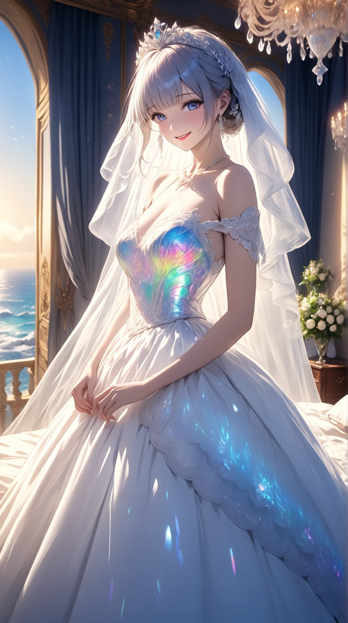 ((top-quality、​masterpiece:1.3))、((Russian beauties))、1 female、14years、large full breasts:1.3、Slender body type:1.5、Toned abs、Blonde semi-long hair、(weddingdress:1.5)、Super Detailed Face、Detailed lips、detailedeyes、二重まぶた、Balloons、Plump smile、blue-sky、​​clouds、Looking to the right、blue eyess、wide Shots、full body wide shot、Model pose posing with hands on buttocks、weddingdress、sailormoon