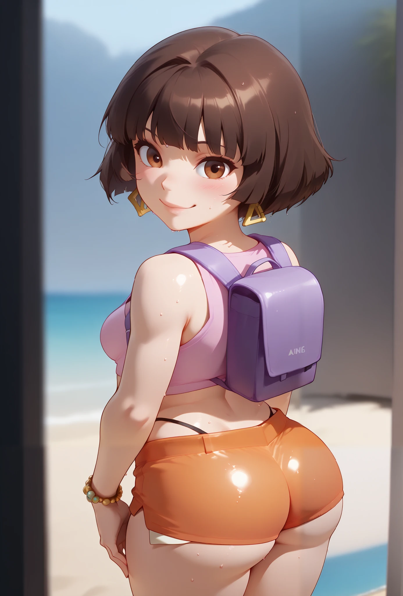 ((best quality , extremely detailed , finely detail , intricate detail))), (((Best Quality, 8K, Masterpiece: 1.3)), Full Body, Focus Clear: 1.2, Outstanding Beauty: 1.4, Slender Abs: 1.2)), ((dynamic angle)), (((wide view))), wide-angle lens, extremely detailed, CG, 8k Amazing, finely detail)), (intricate details, depth of field), 8k UHD, ((amazing quality,very aesthetic,absurdres,best quality,newest, masterpiece, ultra detailed, best quality, beautiful face, perfect anatomy, anatomically correct, athletic sexy body)), Expressiveh, (cute face, cute body))), (((beautiful Dora the explorer, doraSDXL,1girl,((((brown bob cut hair with straight bangs)))),((((((dark-skinned female)))))), wet hair, brown eyes, perfect eyes, big eyes, perfect teeths, thicc lips, glossy lips, sexys, medium perky breasts, cleavage, ((tan skin)), wet skin, navel, small hips, slender, small round butt, earrings, ((orange booty shorts)), ((tight shorts)), ((small pink tank top)), pink shirt, (pink crop top), bare midriff, loose shirt, (loose crop top), cut off shirt, (orange shorts), bracelet,, ((black brazilian thong)),((purple backpack))))), ((medium breasts, slim sexy body, curvy hips, seductive pose, flirting, naughty face, blush)))), (((looking at viewer, happy smile, joy, cowboy shot, dynamic pose)))), curvy, toned, athletic, BREAK, ((backview:1.5)), ((((seductive pose, sexy pose, cowboy pose, hourglass figure)))), ((precise face and eyes:1)),, ((high resolution)) , ((solo portrait)) , ((sideview)) , {(attractive figure) , (((beautiful legs))), BREAK, (((profile view:1.3))), BREAK, ((((((big bubble butt, round ass, slim waist, muscular abdomen, toned back, toned legs, crossed legs , highleg thong, denim shorts (ripped), standing in beach, back view, view of back, ass-up, close up ass, asselfie))))): 1.3)