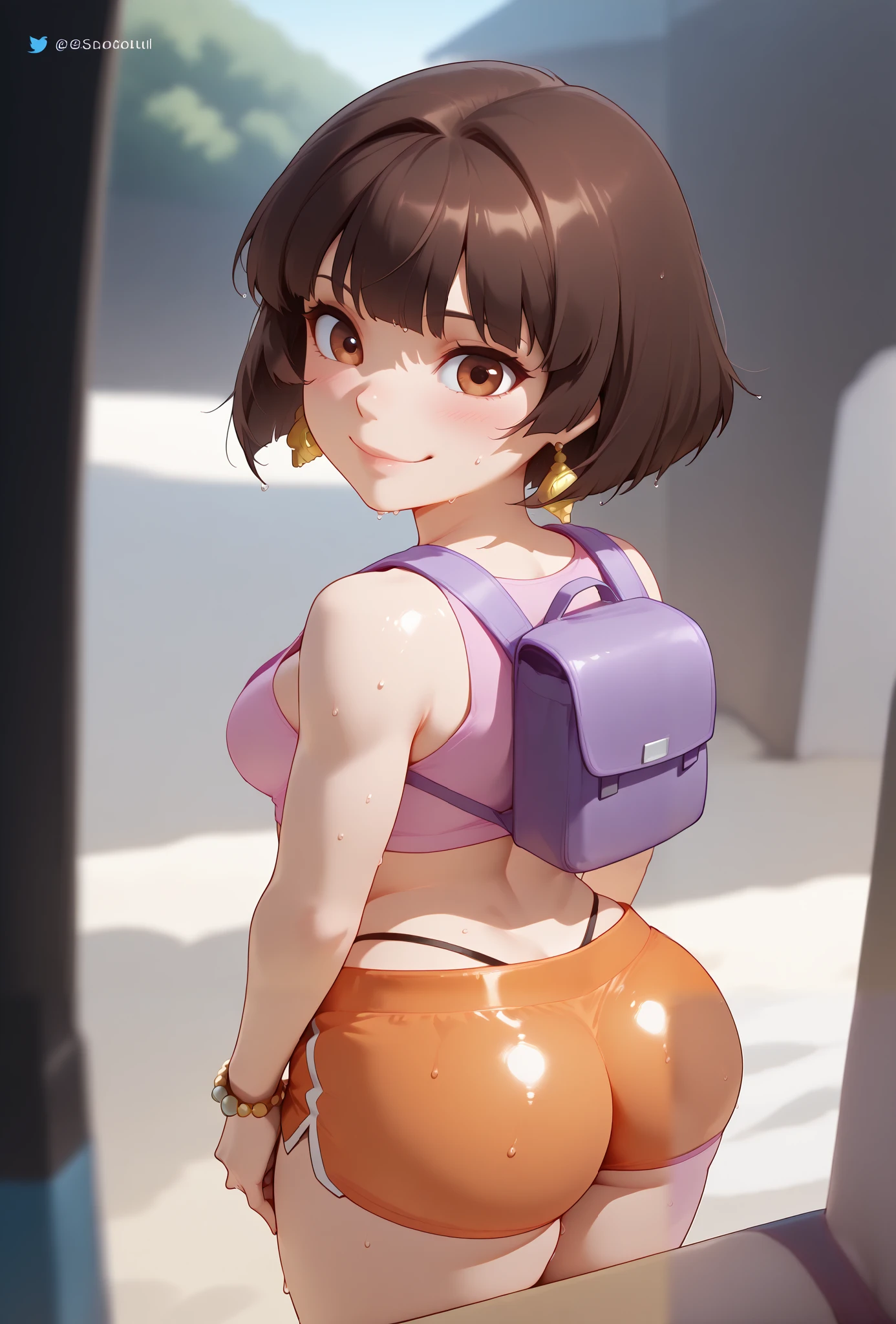 ((best quality , extremely detailed , finely detail , intricate detail))), (((Best Quality, 8K, Masterpiece: 1.3)), Full Body, Focus Clear: 1.2, Outstanding Beauty: 1.4, Slender Abs: 1.2)), ((dynamic angle)), (((wide view))), wide-angle lens, extremely detailed, CG, 8k Amazing, finely detail)), (intricate details, depth of field), 8k UHD, ((amazing quality,very aesthetic,absurdres,best quality,newest, masterpiece, ultra detailed, best quality, beautiful face, perfect anatomy, anatomically correct, athletic sexy body)), Expressiveh, (cute face, cute body))), (((beautiful Dora the explorer, doraSDXL,1girl,((((brown bob cut hair with straight bangs)))),((((((dark-skinned female)))))), wet hair, brown eyes, perfect eyes, big eyes, perfect teeths, thicc lips, glossy lips, sexys, medium perky breasts, cleavage, ((tan skin)), wet skin, navel, small hips, slender, small round butt, earrings, ((orange booty shorts)), ((tight shorts)), ((small pink tank top)), pink shirt, (pink crop top), bare midriff, loose shirt, (loose crop top), cut off shirt, (orange shorts), bracelet,, ((black brazilian thong)),((purple backpack))))), ((medium breasts, slim sexy body, curvy hips, seductive pose, flirting, naughty face, blush)))), (((looking at viewer, happy smile, joy, cowboy shot, dynamic pose)))), curvy, toned, athletic, BREAK, ((backview:1.5)), ((((seductive pose, sexy pose, cowboy pose, hourglass figure)))), ((precise face and eyes:1)),, ((high resolution)) , ((solo portrait)) , ((sideview)) , {(attractive figure) , (((beautiful legs))), BREAK, (((profile view:1.3))), BREAK, ((((((big bubble butt, round ass, slim waist, muscular abdomen, toned back, toned legs, crossed legs , highleg thong, denim shorts (ripped), standing in beach, back view, view of back, ass-up, close up ass, asselfie))))): 1.3)