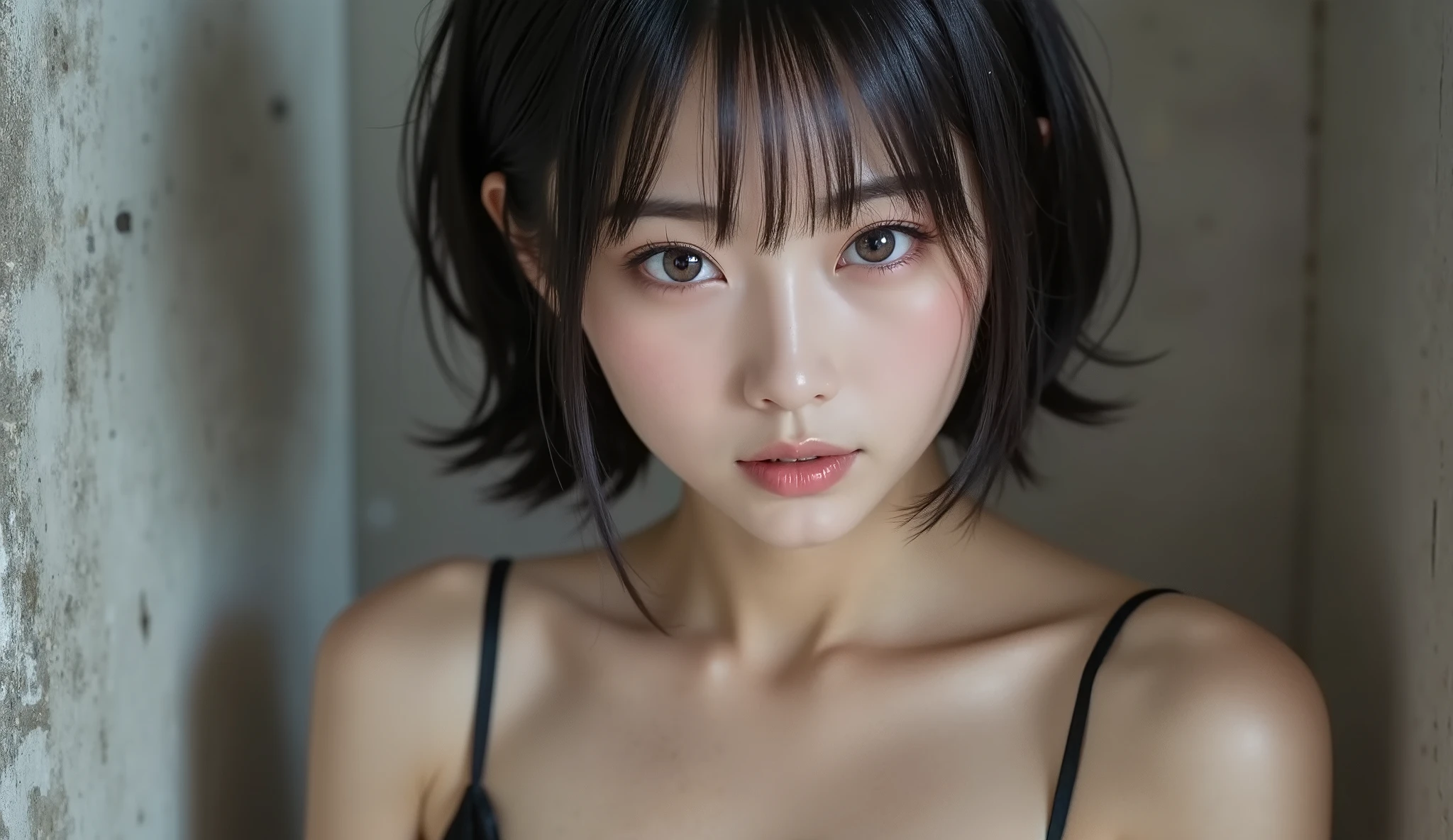 Japanese women、18-year-old, very cute, beautiful, (embarrassed:1.3), blush、highest quality、Detailed workmanship、high resolution、masterpiece、(8K, High resolution),  photorealistic、High definition face、Face is in focus, Moist eyes、(Focused, symmetrical pupils:1.2)、High-definition and beautiful skin、Firm Skin、Natural Makeup、gross lip, High-definition hair texture, (looking at viewer:1.2), bust shot, (short hair, messy hair:1.3), (multiple angles:1.2), small breast, cleavage, nipples