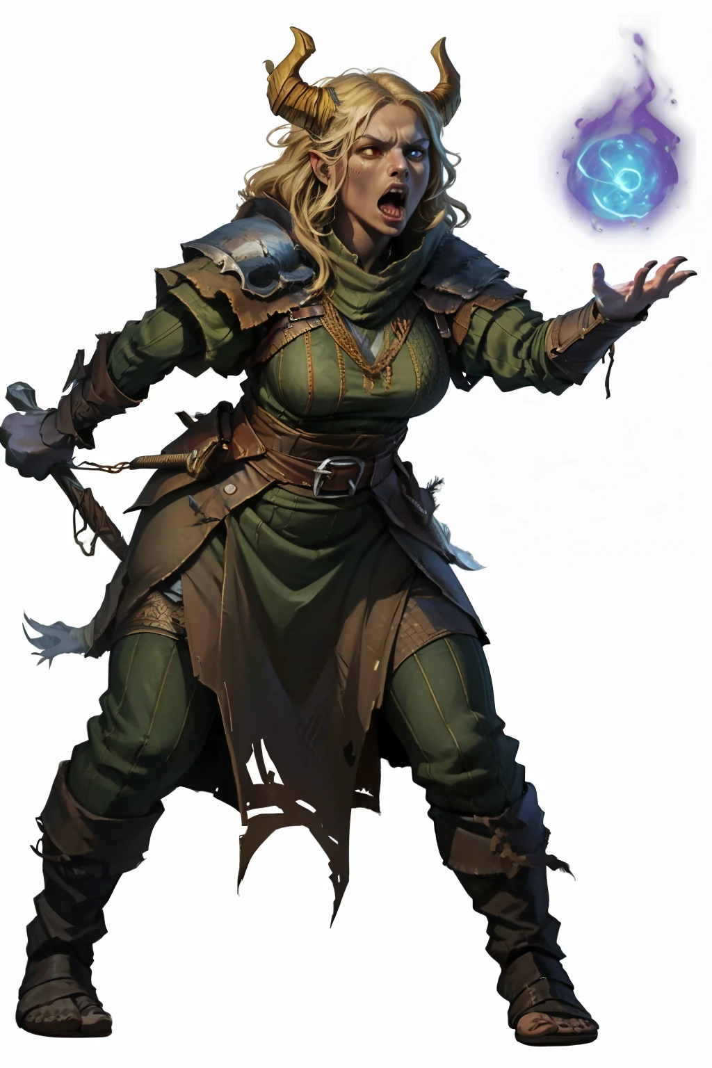 Anthro female owl eagle hybrid, solo, serious expression, masterpiece, best art, body, by taran fiddler, detailed eyes, detailed body, claws, tall, abs, pauldrons, chest belt, staff, shaman robes, casting magic, witch, tribal, magic forest, milf body, revealing outfit