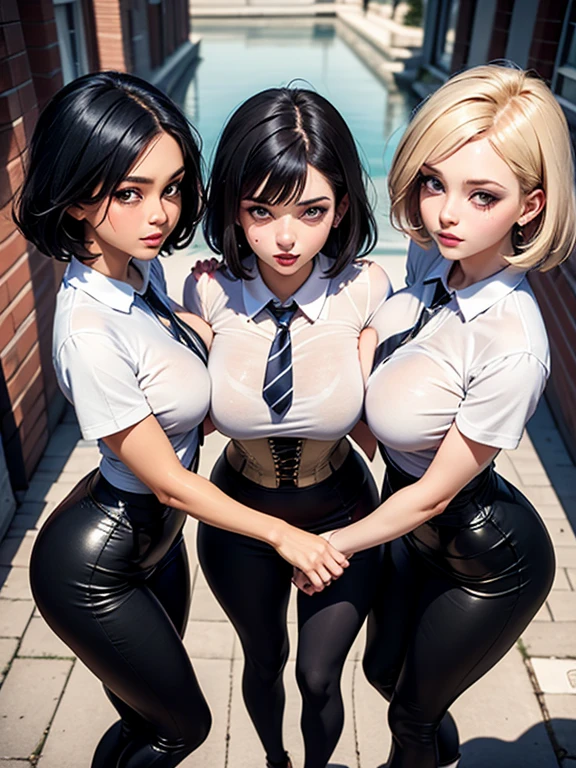 five 18 year old girls, massive breasts, massive hips, massive thighs, massive calves, slender waist, white shirt, wet shirt, empty classroom, playful, hourglass figure, shiny black pantyhose, exposed breasts, exposed ass, high heels with ankle strap, detailed eyes, leggings, kissing each other, 4K high resolution
