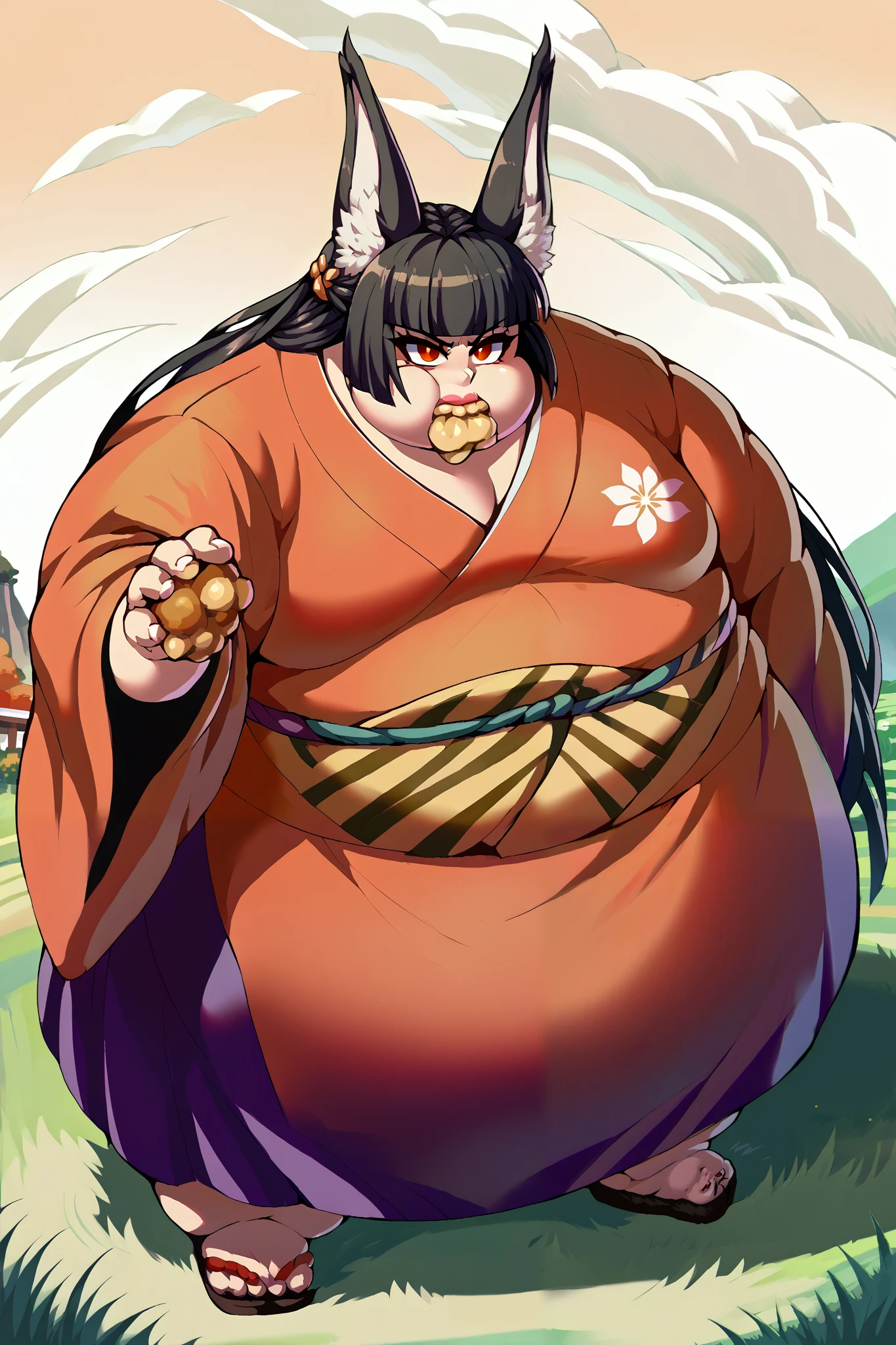 Girl becoming a monster, becoming a troll, fat, chubby, obese, kimono, score_9, score_8_up, score_7_up, source_anime BREAK 1girl, solo, hoshimi, red eyes, black hair, very long hair, blunt bangs, braid, fox ears, big ears, big nose, big lips, 900 pounds, 10 ft tall, hunchback, broad shoulders, big belly, grass field, eating melons
