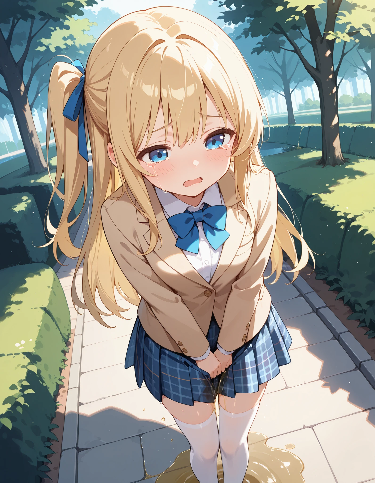 Hd, (thin body), masterpiece, best quality, highres,2d, anime, 1girl, long hair, one side up, solo, ponytail, blonde hair, long hair, hair ribbon, blue eyes, cowboy shot, crying, blush, sad, opened mouth, flat breasts, happy and confident expression. full body, tall body, long straight hair, medium breasts, fullbody, wearing white collared shirt, blue bowtie, light brown blazer, opened blazer, blue plaid skirt, wearing white thighhighs, black shoes, Standing, park, outdoor, pee holding, peeing, holding crotch, wetting, wet skirt, pee stain on skirt, puddle of pee