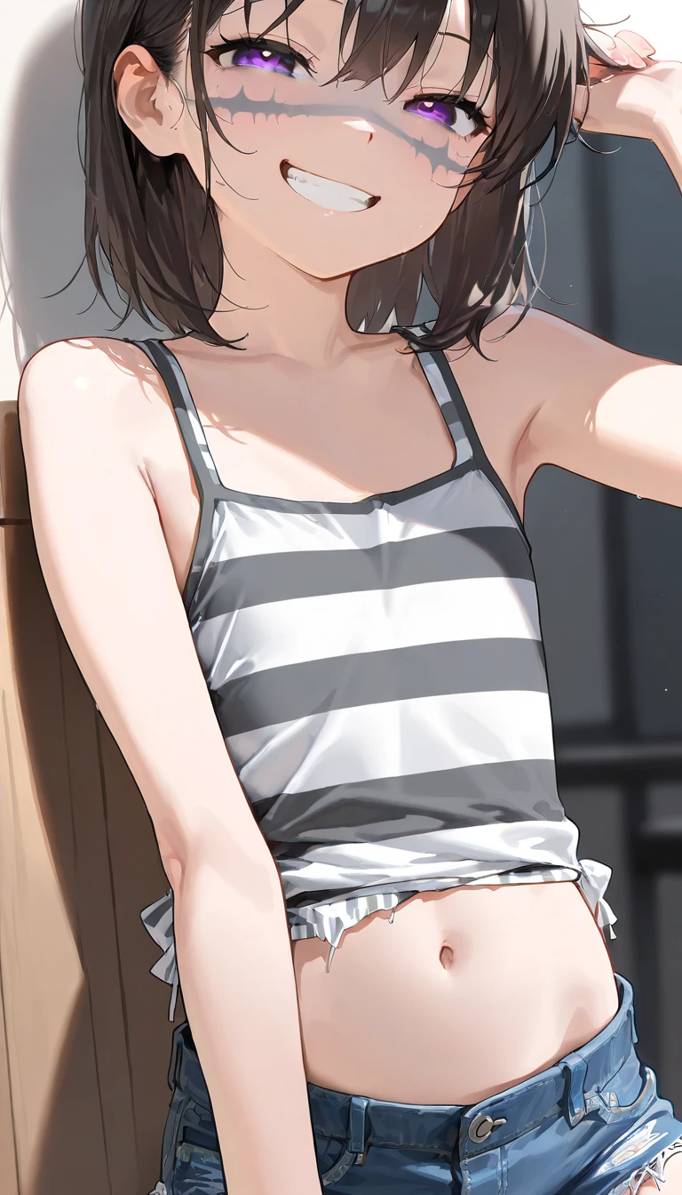 (highest quality:1.5,Cowboy shot:1.2),(perfect beautiful face:1.2),(perfect and beautiful posture:1.2),(Solo,Japanese girl),((messy short cut hair), (confused:1.3,embarrassed), shyness:1.1),(((flat chest:1.4))),(open mouth,((stripe bra Panties)),black hair,Looking away,(at the City alley:1.3,nearly,the cafe),(scared expression,constricted pupils:1.3,tears), pov, ((pov hands:1.2, assisted exposure:1.3, pulled bra by another:1.3, undressed simple dress by another:1.5, undressing Panties by another:1.3), shiny skin, oiled skin,embarrassed,(nipples slide:1.3),sticky with a lotion and sweat)