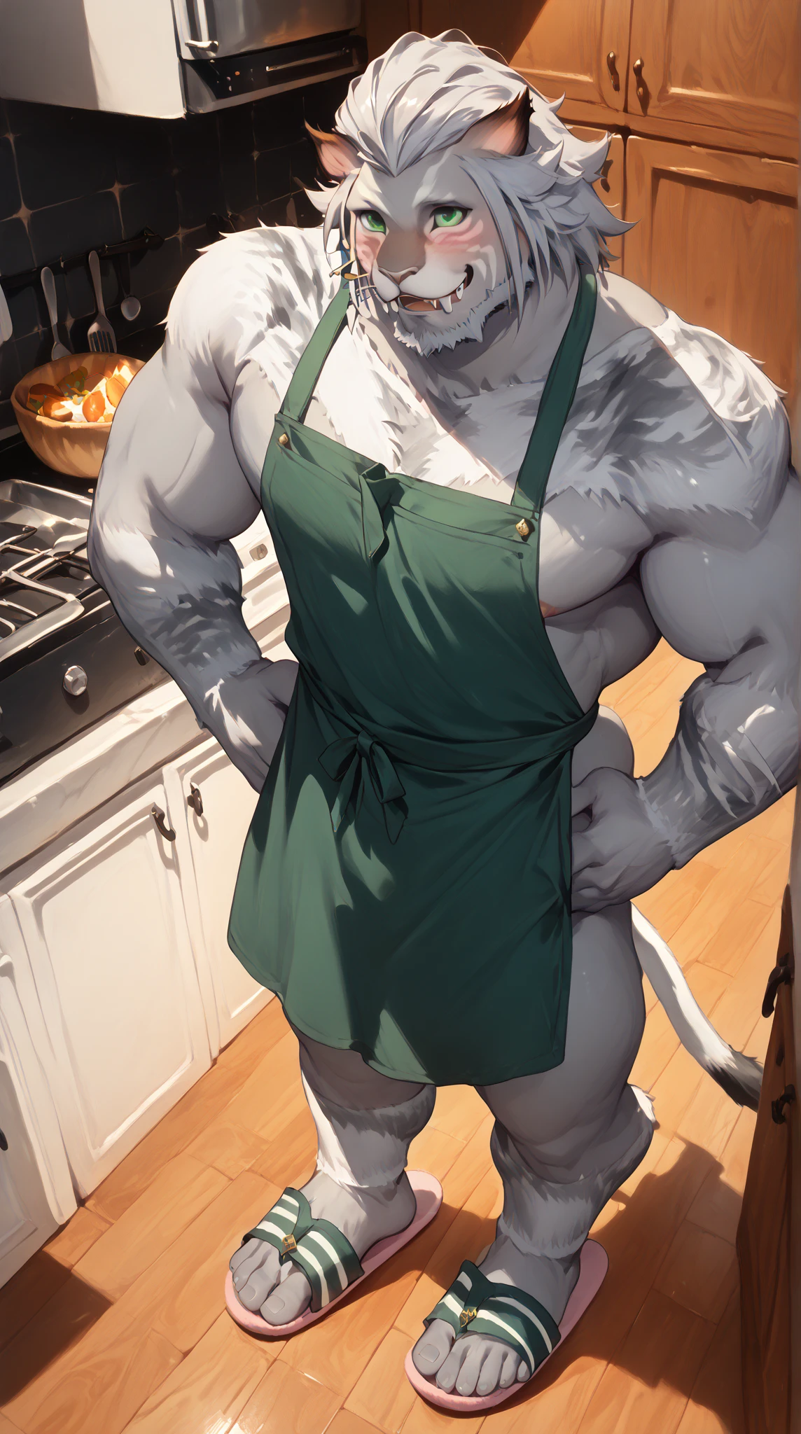 a giant gigantically muscular white and white white anthro sergal standing in kitchen early morning, looking at the viewer, wearing tank top and grey sweatpants, cigarette in mouth, gigantic hyper giant penis and balls bulge hanging heavy, shiny velvet white fur, huge round pecs, , massive arms, big thick thighs, broad shoulders. belly , legs wide, small head, huge black glossy nipples pierced, big long tail, wide angle lens, cooking breakfast on stove, hyper realistic, by darkgem