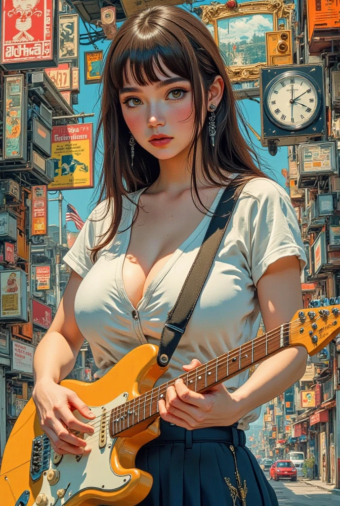 Tokyo Street、Woman walking down the street、Boyish Woman、the wind is strong、(Realistic、Like a photograph、Live Action、8k, Realistic, RAW Photos, Best image quality: 1.4), Single-lens reflex camera、RAW Photos, Highest quality, Realistic, Highly detailed CG Unity 8k wallpaper, Written boundary depth, Cinematic Light, Lens flare, Ray Tracing, Realistic background、(Sleeveless:1.4、short flared skirt:1.4、Big Breasts)、(Carrying a guitar、The guitar strap passes between her breasts、Paisura)、((Silver Inner Color Hair:1.1))、Cute Japanese Band Girls、((whole body:1.5))、(short hair:1.2、My hair is blowing in the wind:1.5)、I like that style、stylish、Very detailed、Pay attention to the details、Perfect outfit、(White skin)、Beautiful legs:1.1、(View from below:1.2)、Accurate Arm、Meet on a street corner、Very detailedな顔