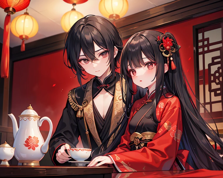 ((highest quality)), ((masterpiece)), (be familiar with), ((perfect face、blonde女、blonde、blue eyes、necklace、marriage指輪、bangles、earrings、China dress、National costume、pregnancy、Bun head、slit、fancy clothes、cheongsam clothes、Chignon Cap、blonde))((Chana、black hair、China人、middle-aged man、Old man、National costume、fat、old man、China服、Asian、Communist Party Uniform))marriage、China、marriage式、政略marriage、couple、fold your arms