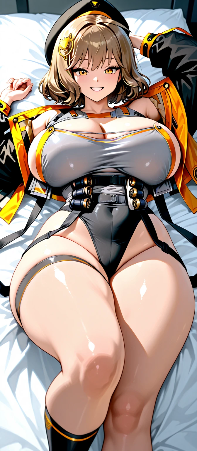 ((Highest quality)), ((masterpiece)), (detailed), Perfect Face、NSFW、Huge breasts、Squat、Leg spread、((Ｍ字Leg spread))、solo、From below the front、、Ahegao、stockings、Striped micro bikini、Orange hair、Nami、Striped tiny micro bikini、Fold your arms behind your head、