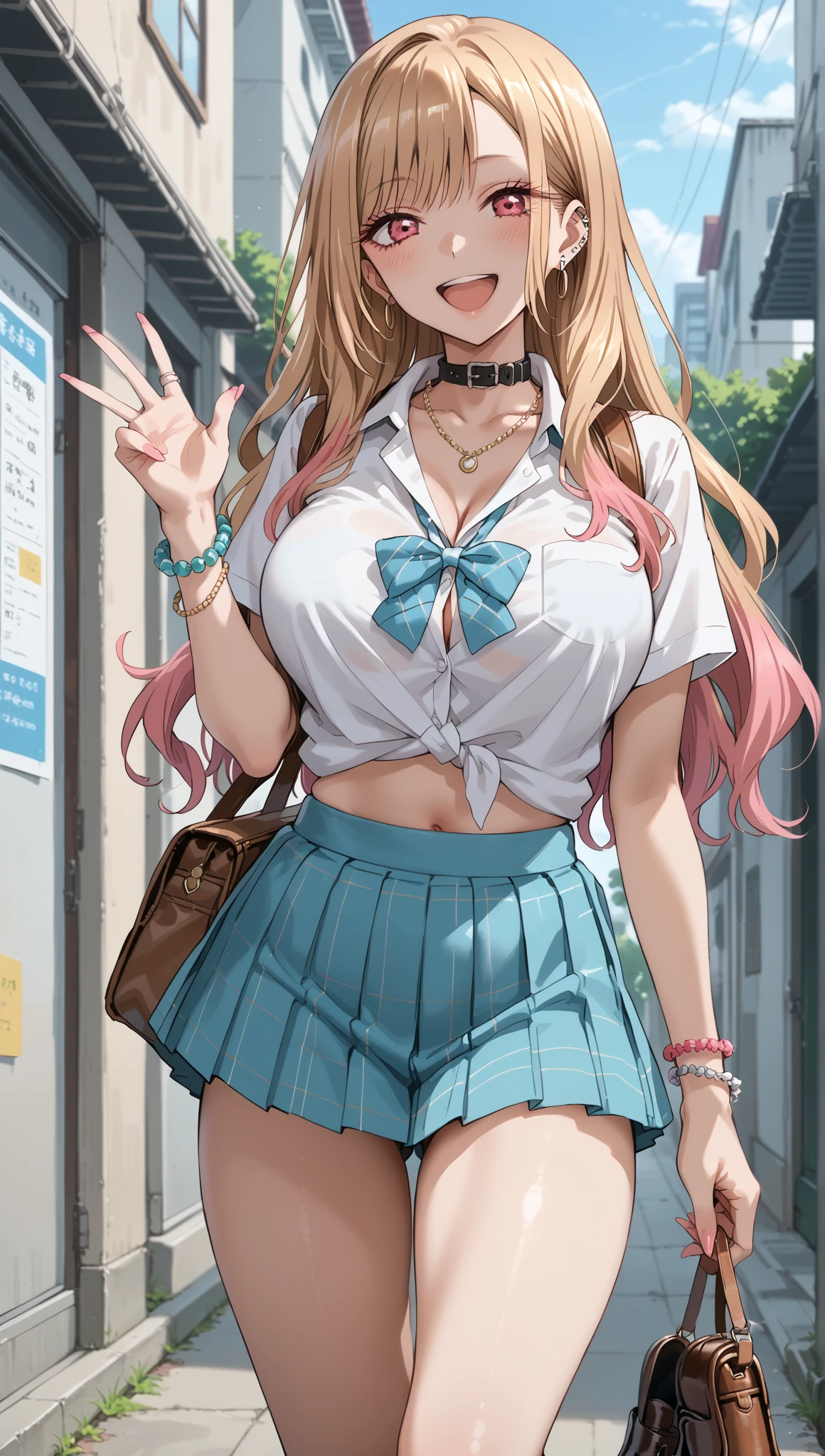 (anime style),masterpiece, best quality, ultra-detailed, glistening shiny, glowing light, ray tracing, HDR, deph of field, (perfect face, detailed face, detailed eyes),(medium boobs:1.2),8k,HD,ultra realistic face,ray tracing,perfect lighting,best quality, ultra-detailed, shiny eyes, (looking at viewer,sensual smile:1.1), ((1girl)), (gyaru, mature female:1.4),hourglass_body shape,
marin,long hair,((gradient hair)),multicolored eyes, gradient eyes, (glowing eyes:1.1), mascara, (fashion make up), parted lips,skirt, shirt, jewelry, , white shirt, pleated skirt, earrings, necktie, choker, grin, bracelet, blue skirt, plaid,black choker, plaid skirt, piercing, ear piercing, bright pupils,tied shirt, bead bracelet,
((school, school gate, cherry trees, cherry blossoms, flying petals)),complex background,((super detailed background)), sensual poses((8k wall paper)), ((8k wallpaper)) ,