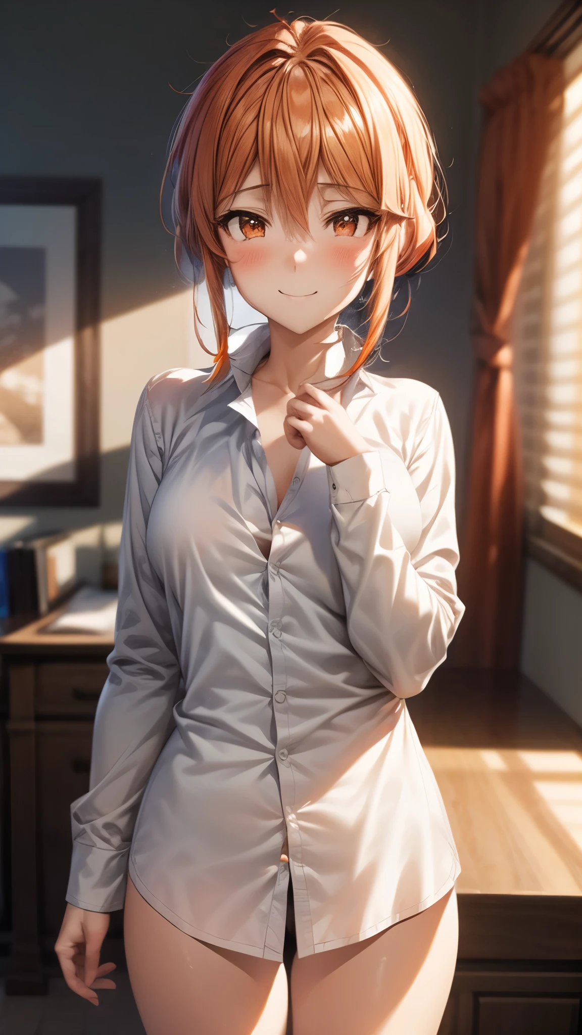 (Ultra High Quality,ultra high definition,16k,Super Masterpiece,Ultra HD ,detailed shading and background,)Photographing the upper body,Sexy Wife,Orange hair put together,sexy white long sleeve shirt,Chest Valley,Next,blushes,smile,living,