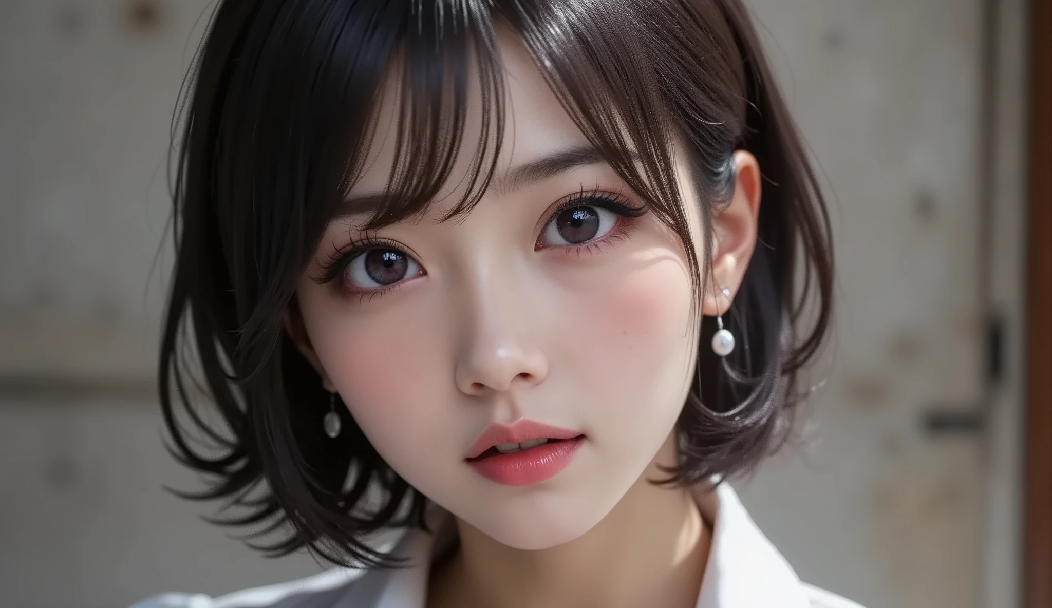 8k,ultra high definition , top quality, masterpiece,rule of thirds,golden ratio,surreal,pictures, One Woman,( girl:1.3),cute,cute顔, Beautiful Eyes in Every Detail , 細かくdetails,mature women,princess,upper body, black hair,Short Feathered hair,ID photo, luxurious and beautiful ,(A Famous Japanese Idol Girl),(((She Has an Ecstatic Expression))),(( Bondage Fashion:1.3)),(( queen of SM)),Low position,low angle,Exposed concrete wall,Stiletto heels,( She's Standing in Front of Me), very delicate expression , delicate eye description,, healthy figure, ((1 female)), Height: 160cm ,( thin waist:1.4)、( Beautiful :1.4), pink lips,Profile ,((( ideal figure))),Small bust, A cup :2, portraits:2、 perfect anatomy 、鮮明な details、 details,thin lips,Perfect and beautiful face ,完璧でcute顔, meticulous skin , perfect limb,thin waist, surreal,Light and Dark, Fashion Magazine Cover ,darkness