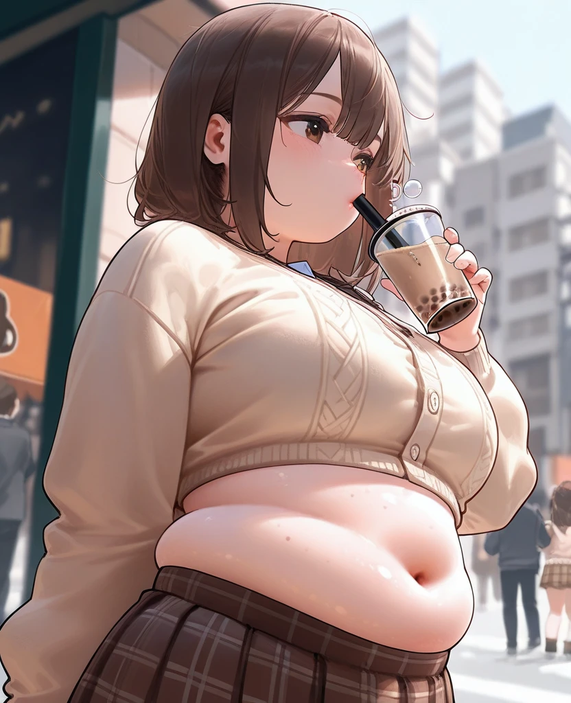 (((kipteitei art))), Masterpiece, high quality, best quality, beautiful, HD, perfect lighting, detailed face, detailed body, 1girl, solo, medium hair, ((fluffy hair)), brown hair, brown eyes, looking at viewer, (weight conscience), shy, (((nervous))), blush, smile, (affectionate), sweating, medium breasts, cleavage, perky breasts, ((wide hips)), ((((thick thighs)))), ((thicc)), ((pudgy)), tummy overhang, belly poke, ((white shirt on under jacket,)) (((grey jacket)), ((black leggings)), ((tight clothes)), cafe, in public, she has a jiggly belly, she has fat thighs