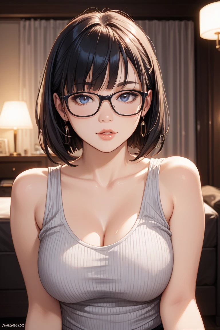 8K、cute、Adult Girls、detailed、black eye、Black Hair、sexy、Random Pause、Random hairstyle、reflected light, Chiaroscuro, Written boundary depth, Cinema Lighting, Ray Tracing, Sony FE GM, Ultra-high resolution, 超detailed, masterpiece, Textured skin, Attention to detail, Highest quality, Awards,Bitch、Huge breasts、Too big、Saggy breasts、whole body、Glasses