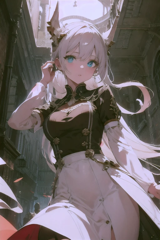 Inside unimaginable ancient ruins、In a corner where a mysterious light shines in、A neat and beautiful girl is standing。her perfect face、It is further highlighted by the artistic shading effect.。Her costume is drawn with realistic materials and textures.、in harmony with ancient ornaments、Carefully expressed down to the smallest detail。The girl is、He is staring at me with a sly gesture.、That moment is as dynamic as a scene from a movie.。This illustration、The design brings out the cuteness of the main heroine to the fullest.、High quality and extremely detailed。