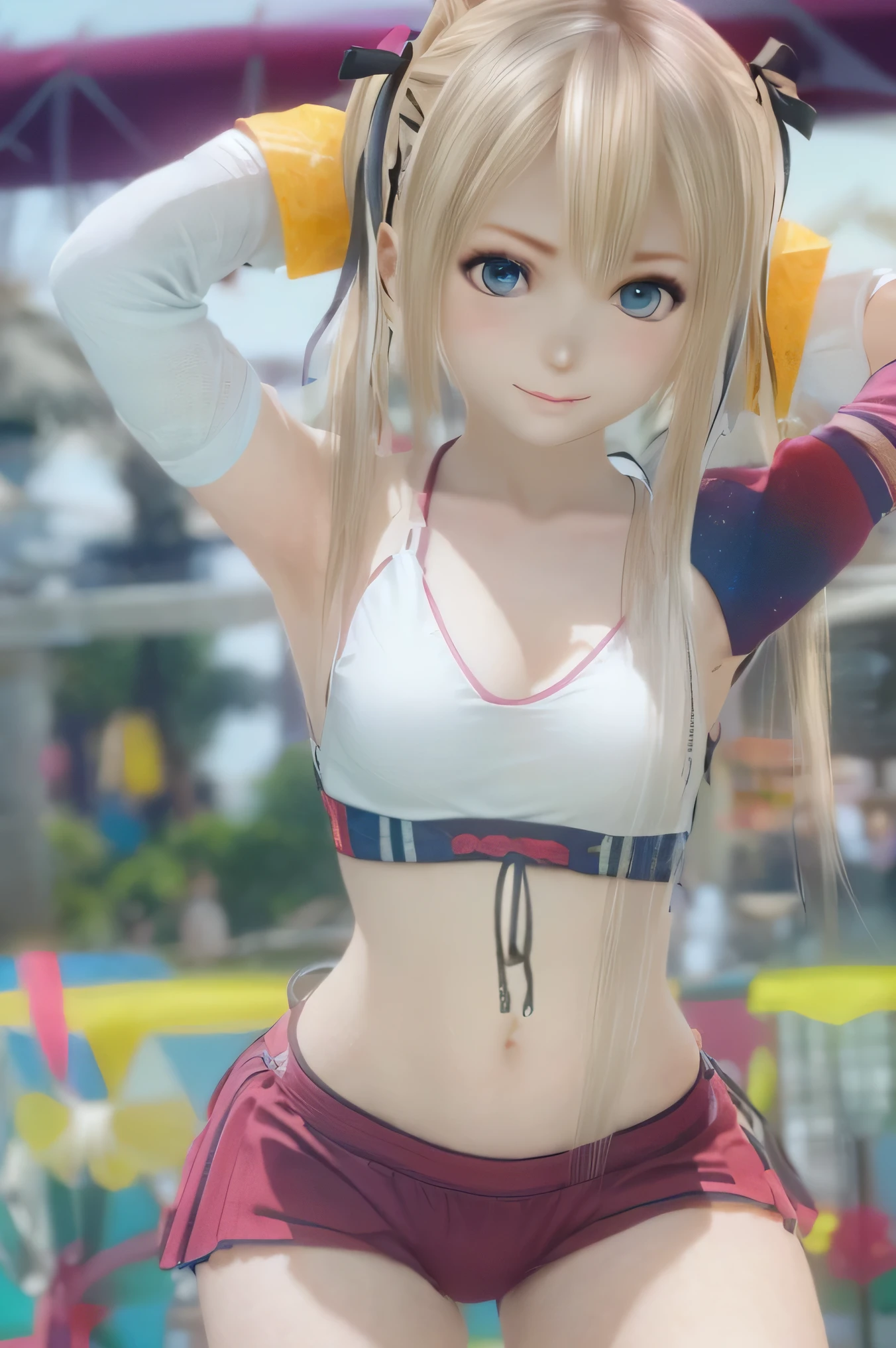 (top quality,4K,8k, high image quality, masterpiece:1.2) Marie Rose、 beach volleyball uniform with oiled bridge 、 bikini、flat chest