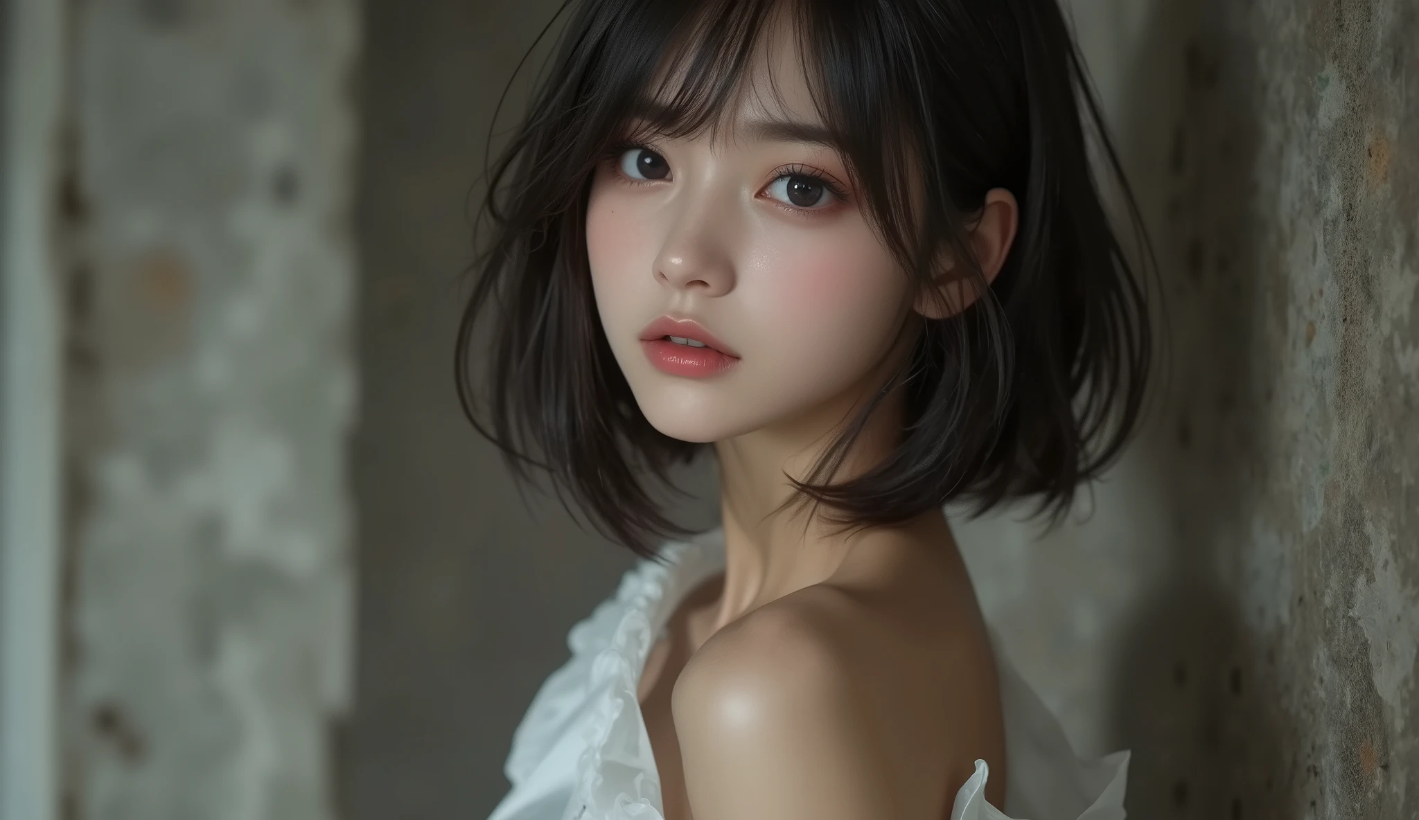 8k,ultra high definition , top quality, masterpiece,rule of thirds,golden ratio,surreal,pictures, One Woman,( girl:1.3),cute,cute顔, Beautiful Eyes in Every Detail , 細かくdetails,mature women,princess,upper body, black hair,Short Feathered hair,ID photo, luxurious and beautiful ,(A Famous Japanese Idol Girl),(((She Has an Ecstatic Expression))),(( Bondage Fashion:1.3)),(( queen of SM)),Low position,low angle,Exposed concrete wall,Stiletto heels,( She's Standing in Front of Me), very delicate expression , delicate eye description,, healthy figure, ((1 female)), Height: 160cm ,( thin waist:1.4)、( Beautiful :1.4), pink lips,Profile ,((( ideal figure))),Small bust, A cup :2, portraits:2、 perfect anatomy 、鮮明な details、 details,thin lips,Perfect and beautiful face ,完璧でcute顔, meticulous skin , perfect limb,thin waist, surreal,Light and Dark, Fashion Magazine Cover ,darkness