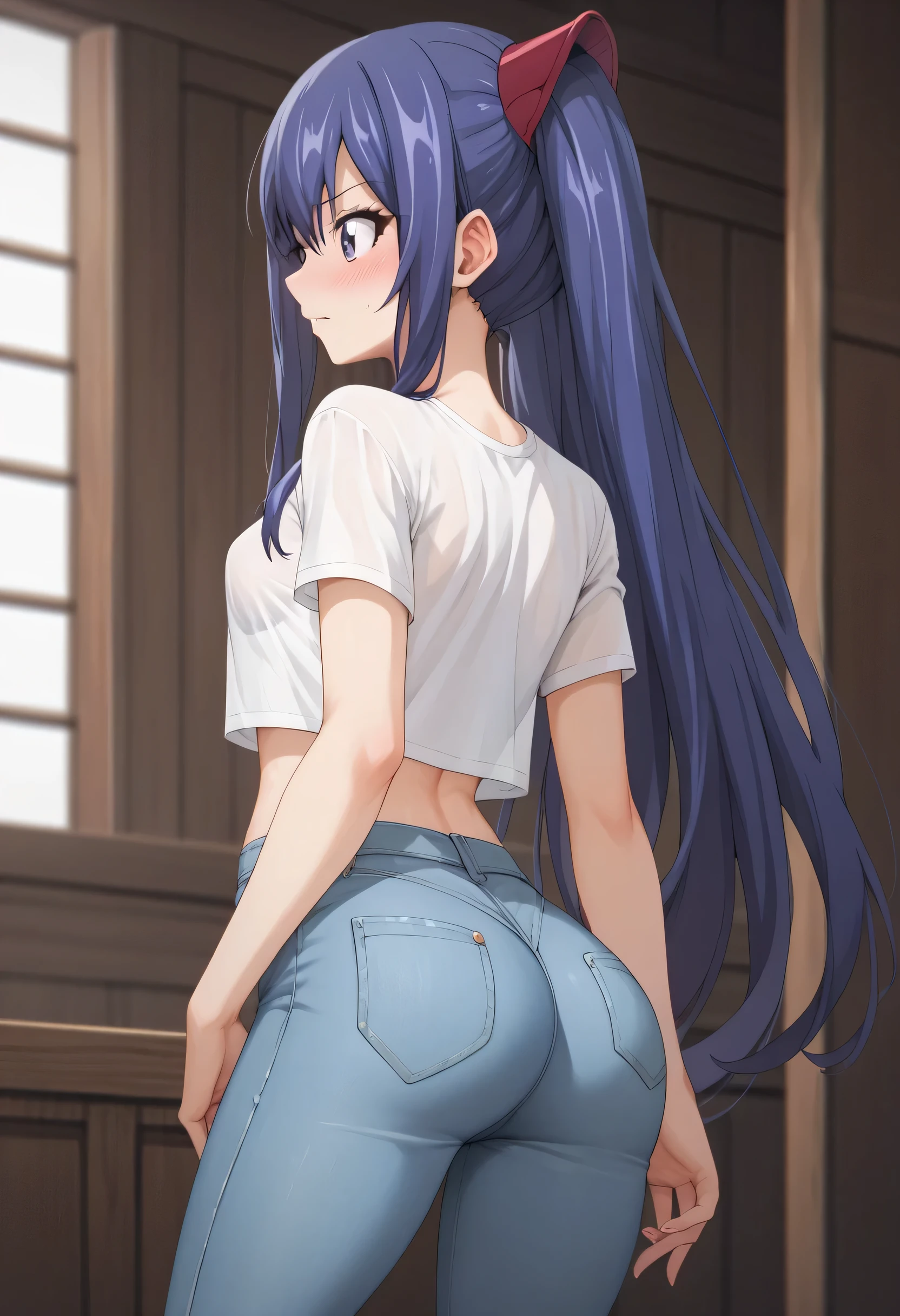 An image of Wendy Marvell blushing with flat breasts and a slim waist, wearing a tight white short t-shirt with tight denim pants showing off her pink panties in a room, back view