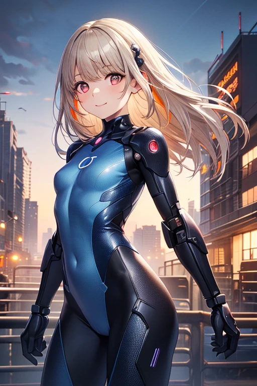 ((Sci-fi plug suit with realistic neon lightetal mechanical parts)),, skinny, solo, 1 woman, Masterpiece, highest quality, highest quality, 16K, incredibly absurd, highly detailed, 2.5D, ai-generated, delicate and dynamic, very delicate facial expressions, delicate eye depiction, erotic, only sexy woman, ((A cute and kind face)), healthy figure, ((25-year-old woman)), 160cm tall, medium firm swaying bust, black eye, blush, Sweat,Embarrassed,sexy, ((thin thighs)), shiny and lustrous, Dynamic poses, sexy poses, (A bright sci-fi background, set in a futuristic city),