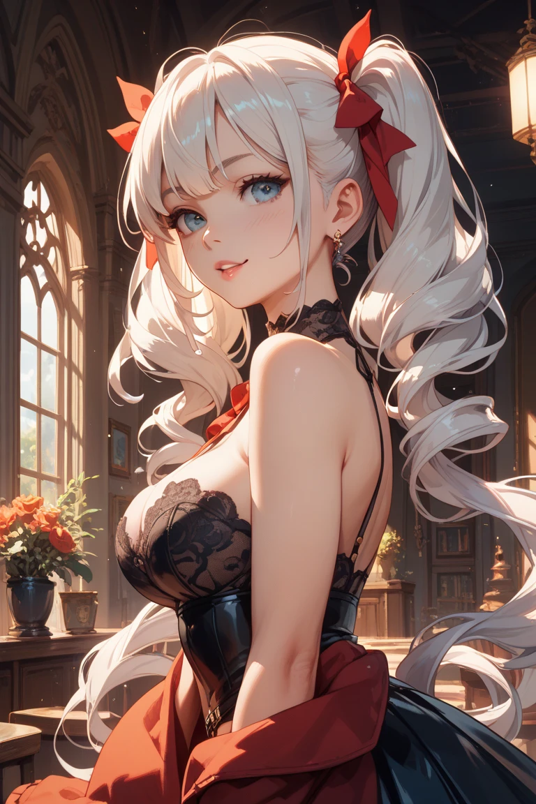 (((Masterpiece))),(((Super Detail))),(((in 8K))),(((best composition))),(((Rim lighting,Fireglow effect,deep shadow))),solo),Beautiful fingers,Detailed finger features,(Detailed hair features:1.7),(Dynamic and sexy bending pose:1.3),detailed facial features,detailed clothes features, (perky chest:1.1), (pointed chest:1.3), delicate beautiful face, Bright blue eyes, cute eyes, sparkling eyes, Big eyes, beautiful detailed eyes,double bun with glittering hair ornament:0.6,(super detailed glossy skin:1.3),slender body,goddess smile,((with sparkling eyes and a contagious smile)),beautiful posture,have a cup of coffee,black hair, red eyes, dress, bare shoulders, jewelry, collarbone, sidelocks, hairband, earrings, indoors, off shoulder, sweater, arms behind back, plant, short hair with long locks, white hairband, off-shoulder dress, sweater dress, off-shoulder sweater, red sweater, big side hair, very long side hair,(super delicate floral pattern:1.2),seductive cleavage:1.3,beautiful glossy legs,shiny red high heels,lifting dishes with cakesd,french restaurant,hustle and bustle,rising steam,(((depth of fields)))