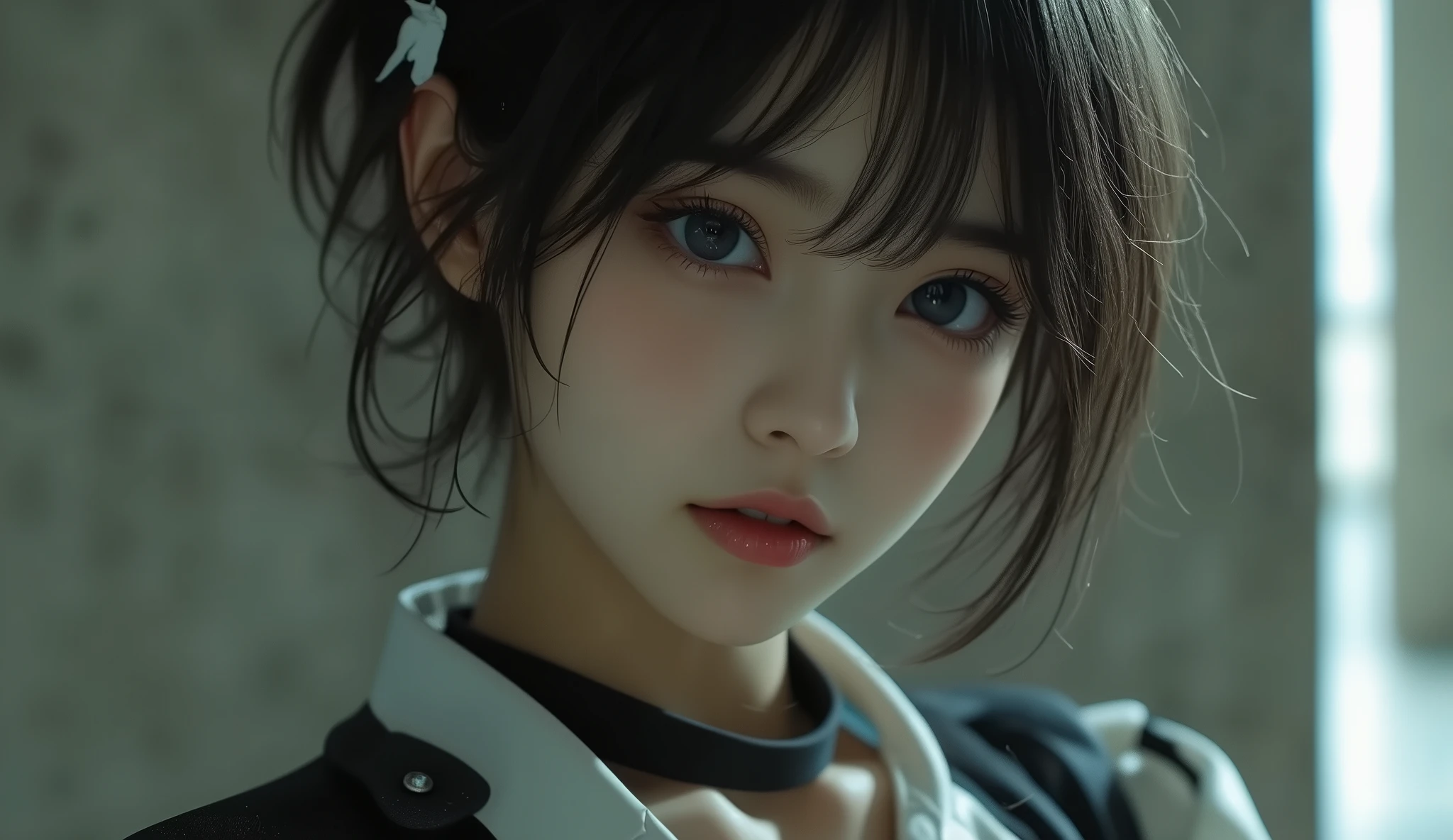 8k,ultra high definition , top quality, masterpiece,rule of thirds,golden ratio,surreal,pictures, One Woman,( girl:1.3),cute,cute顔, Beautiful Eyes in Every Detail , 細かくdetails,mature women,princess,upper body, black hair,Short Messy hair,ID photo, luxurious and beautiful ,(A Famous Japanese Idol Girl),(((glaring))),((Prison uniform:1.3)),((Female Prisoner)),Low position,low angle,Exposed concrete wall,Stiletto heels,( She's Standing in Front of Me), very delicate expression , delicate eye description,, healthy figure, ((1 female)), Height: 160cm ,( thin waist:1.4)、( Beautiful :1.4), pink lips,Profile ,((( ideal figure))),Small bust, A cup :2, portraits:2、 perfect anatomy 、鮮明な details、 details,thin lips,Perfect and beautiful face ,完璧でcute顔, meticulous skin , perfect limb,thin waist, surreal,Light and Dark, Fashion Magazine Cover ,darkness