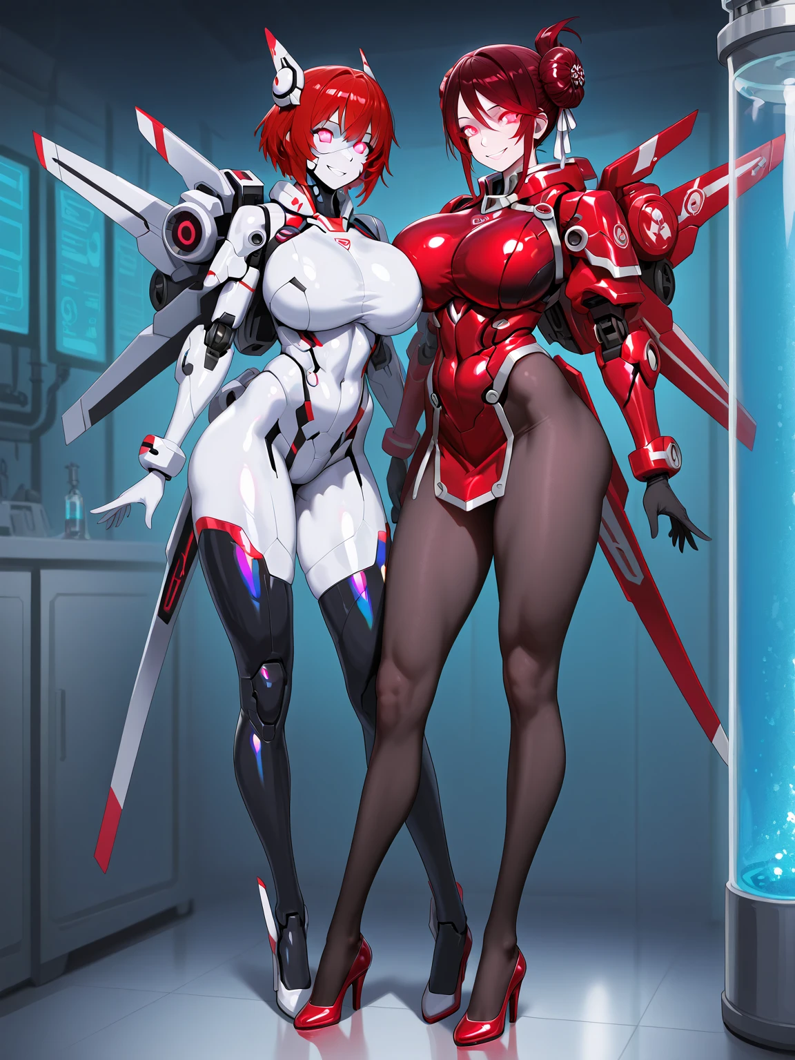 18-year-old girl,Baby Face,Crimson short-haired,ponytail hairstyle,Smile,Huge breasts,cleavage,Sheer red sleeveless top,Leave space in the middle to reveal cleavage,Soaked all over,Blushing,green eyes,Female spy,Red miniskirt,White gloves,White hand sleeves,White boots,Science fiction,Future,Inside the mecha combat robot warehouse,robot driver,Pistol hanging on waist,No bangs,Wearing earrings only on one side,Lipstick