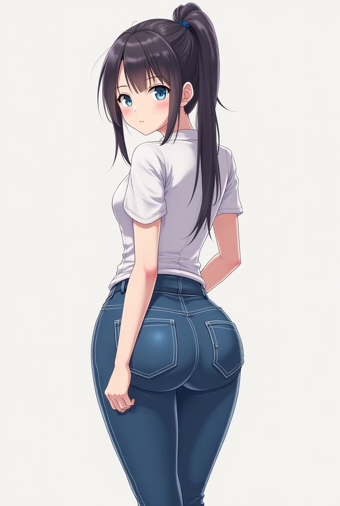 20 years old,1 mature woman,hyperrealistic, 8k, (extremely detailed 8k), (very delicate and beautiful), (masterpiece), (better quality:1.0), (ultra high resolution:1.0), (masterpiece, best quality),cute,black hair,ponytail,POV,full body,white background,realistic skin,Crop Top, Denim Shorts, Striped Knee Socks,,model posing