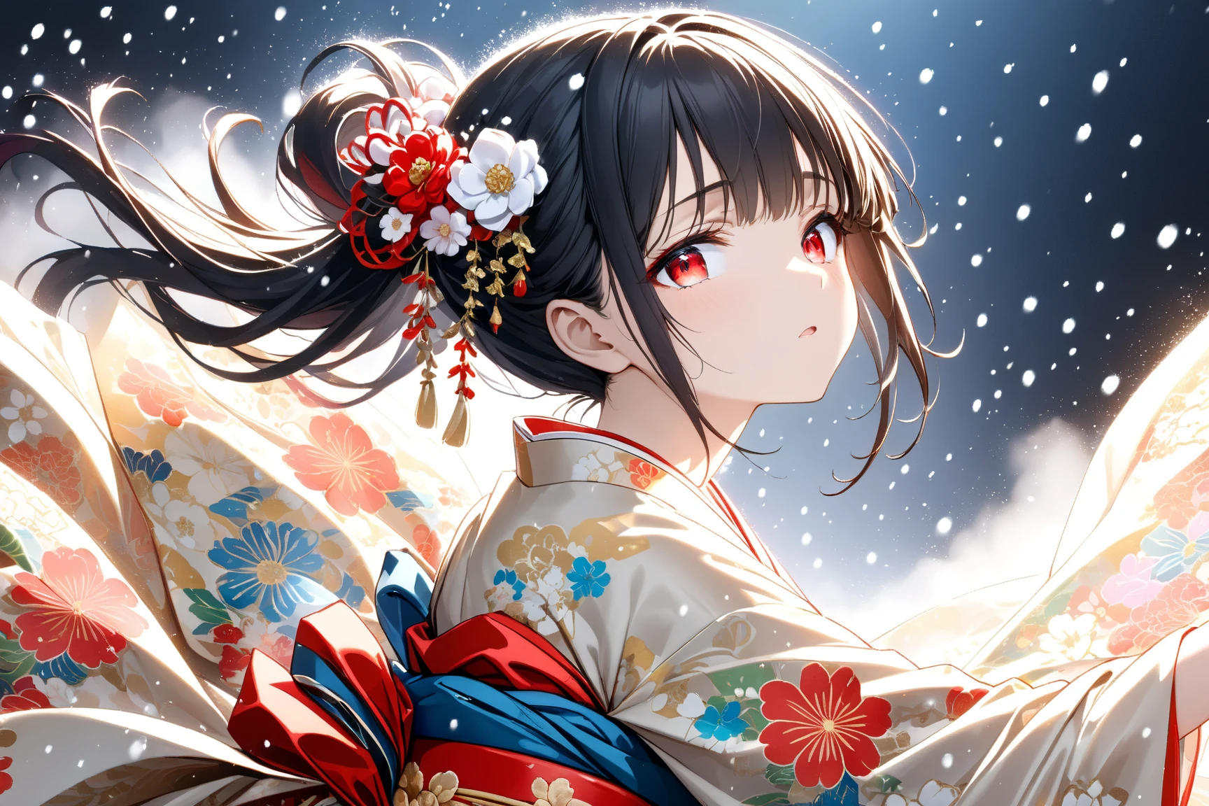 masterpiece, best quality, extremely detailed CG 8k wallpaper,Maximum facial details, Maximum detailed textures, Maximum detailed shadows, Maximum detailed backgrounds,
BREAK,
a girl,solo,beautiful,(pastel tone:1.2),sorrowful,white pastel,(white furisode with gorgeous floral print:1.2),gold and black obi sash,black hair,hime cut,((red eyes)),slight opening mouth,narrowed eyes,((extend arm forward)),folded ponytail,kanzashi,white flower hair ornament,(snowing:1.2),big eyes,leaning back,
blue sky,(white background:1.3),white ink drawing background, dynamic pose,dynamic angle,(soft lighting),mist,(powder light:1.3),from side